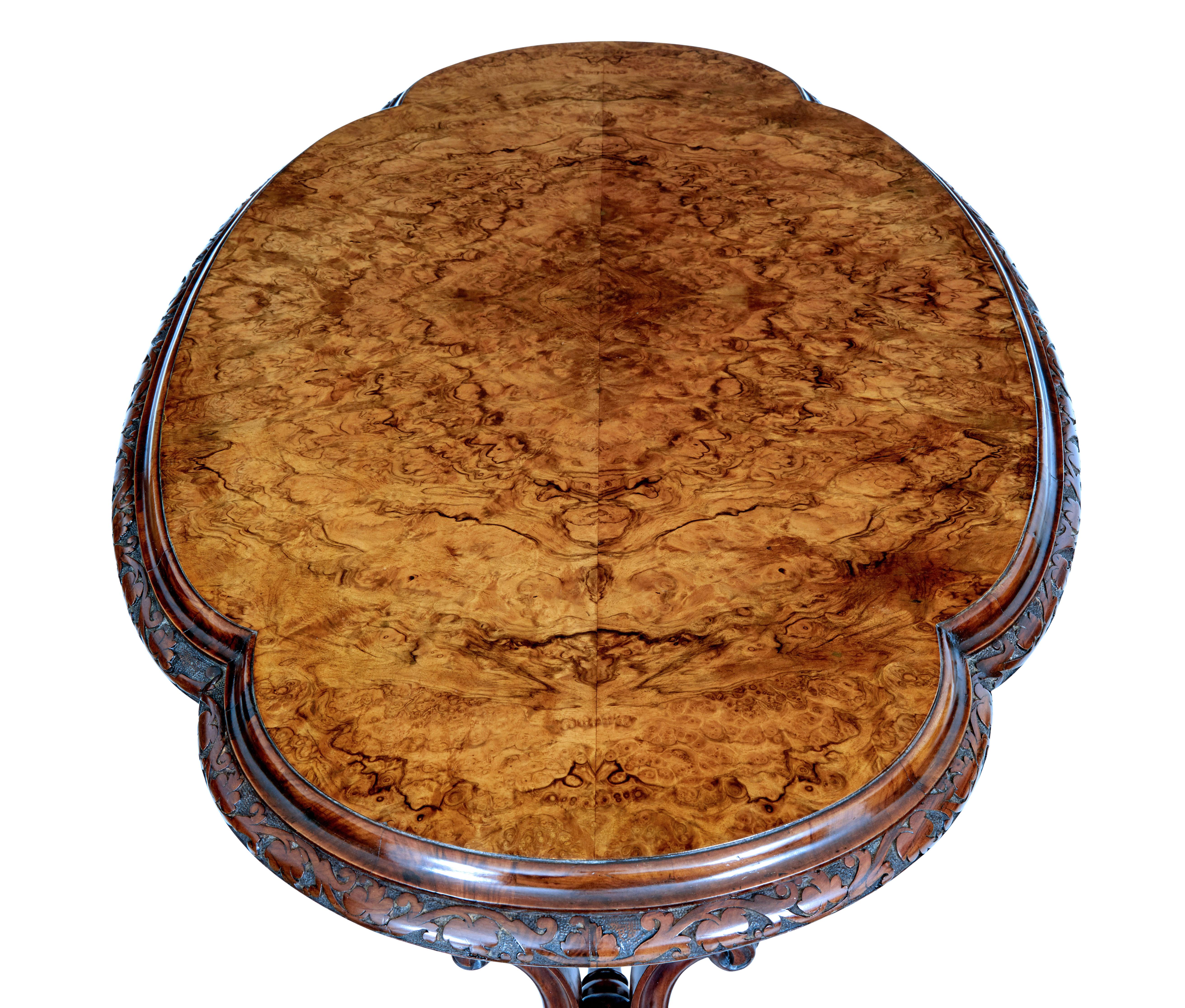 English 19th Century Victorian Carved Burr Walnut Side Table For Sale