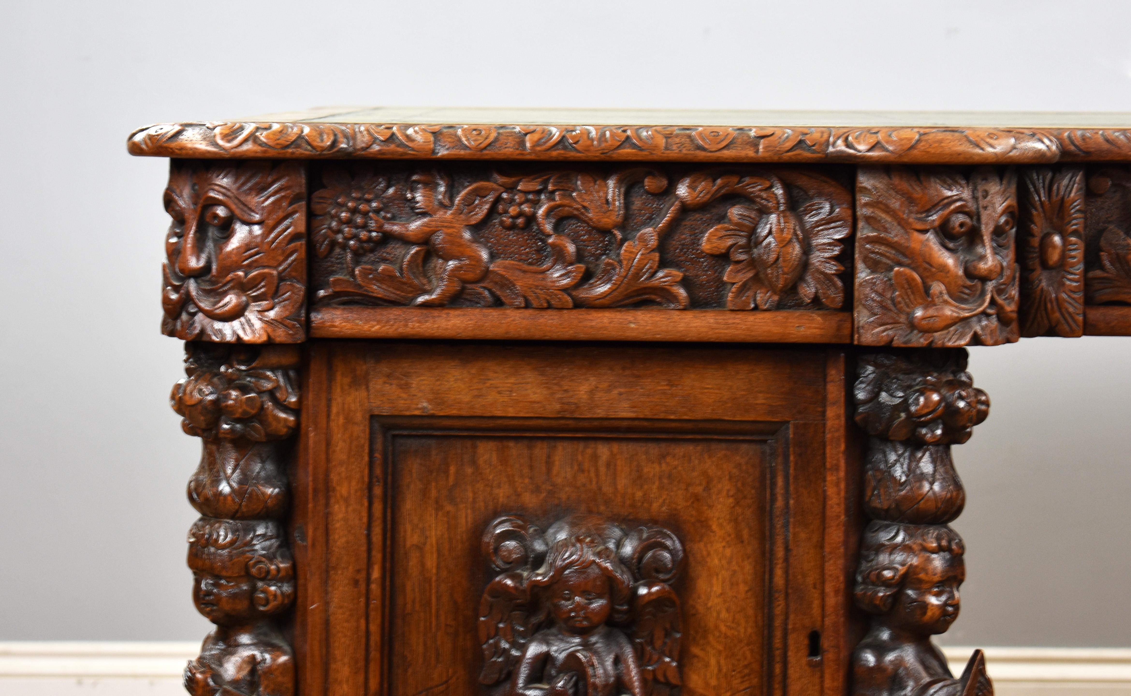 19th Century Victorian Carved Oak Desk 2