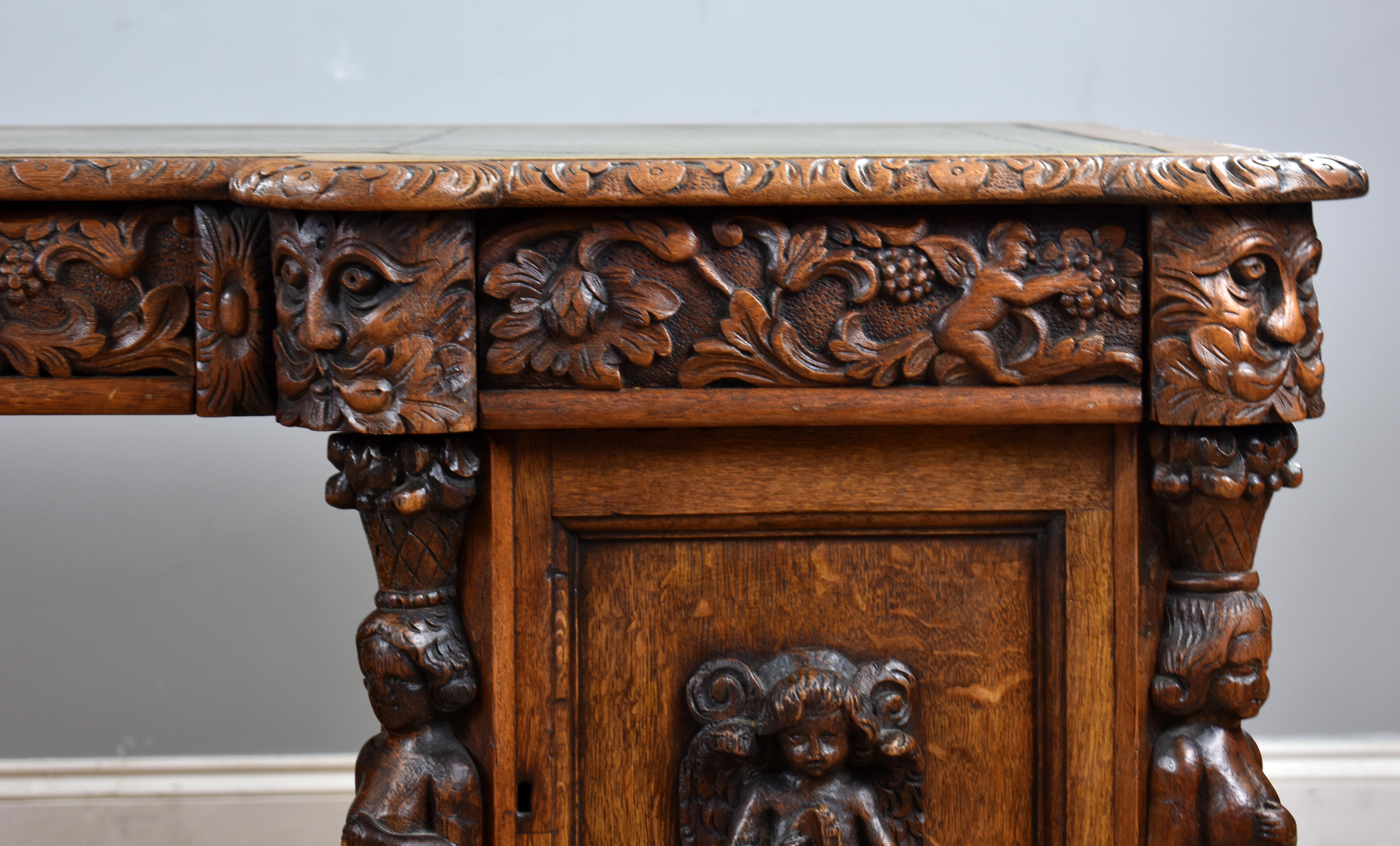 19th Century Victorian Carved Oak Desk 4