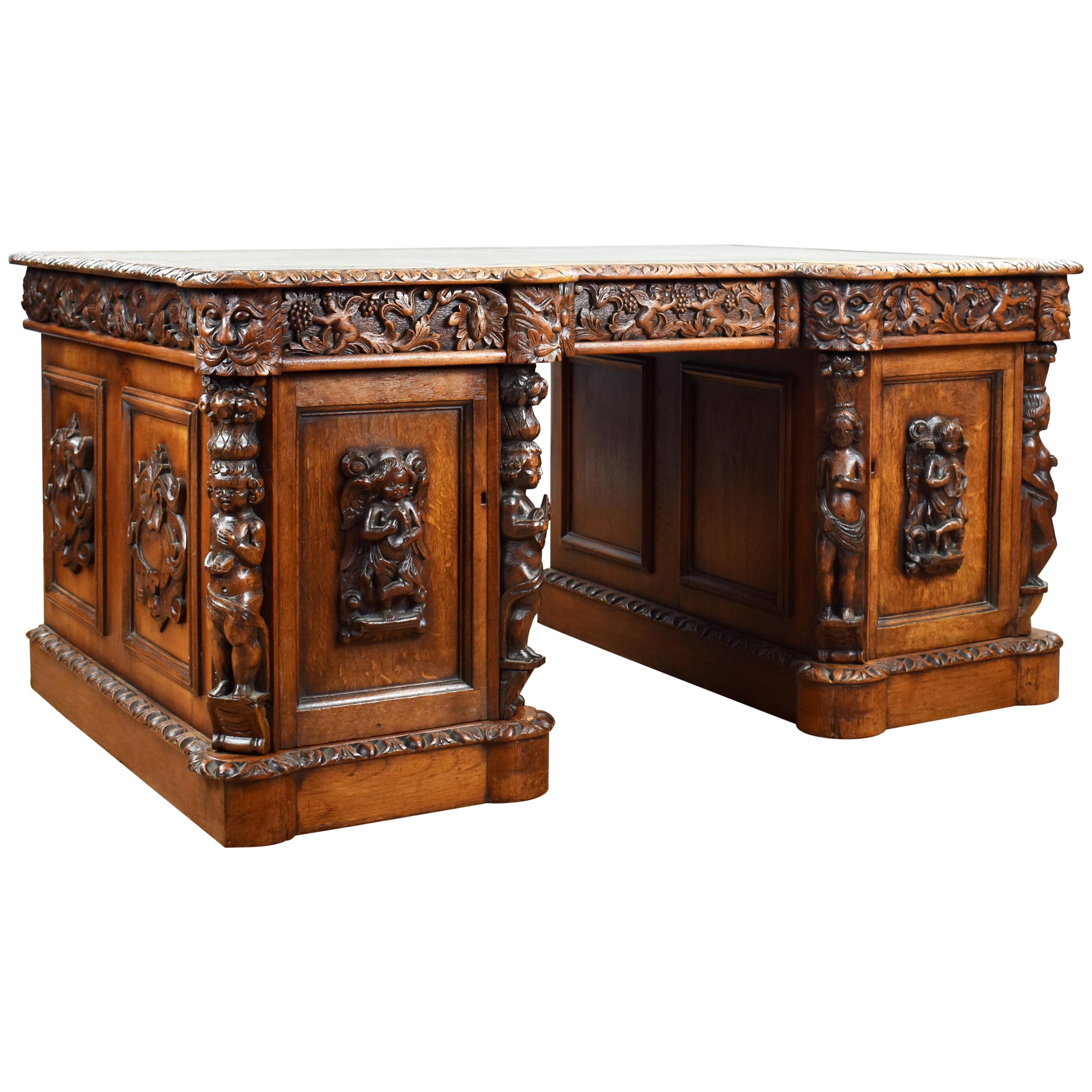 19th Century Victorian Carved Oak Desk