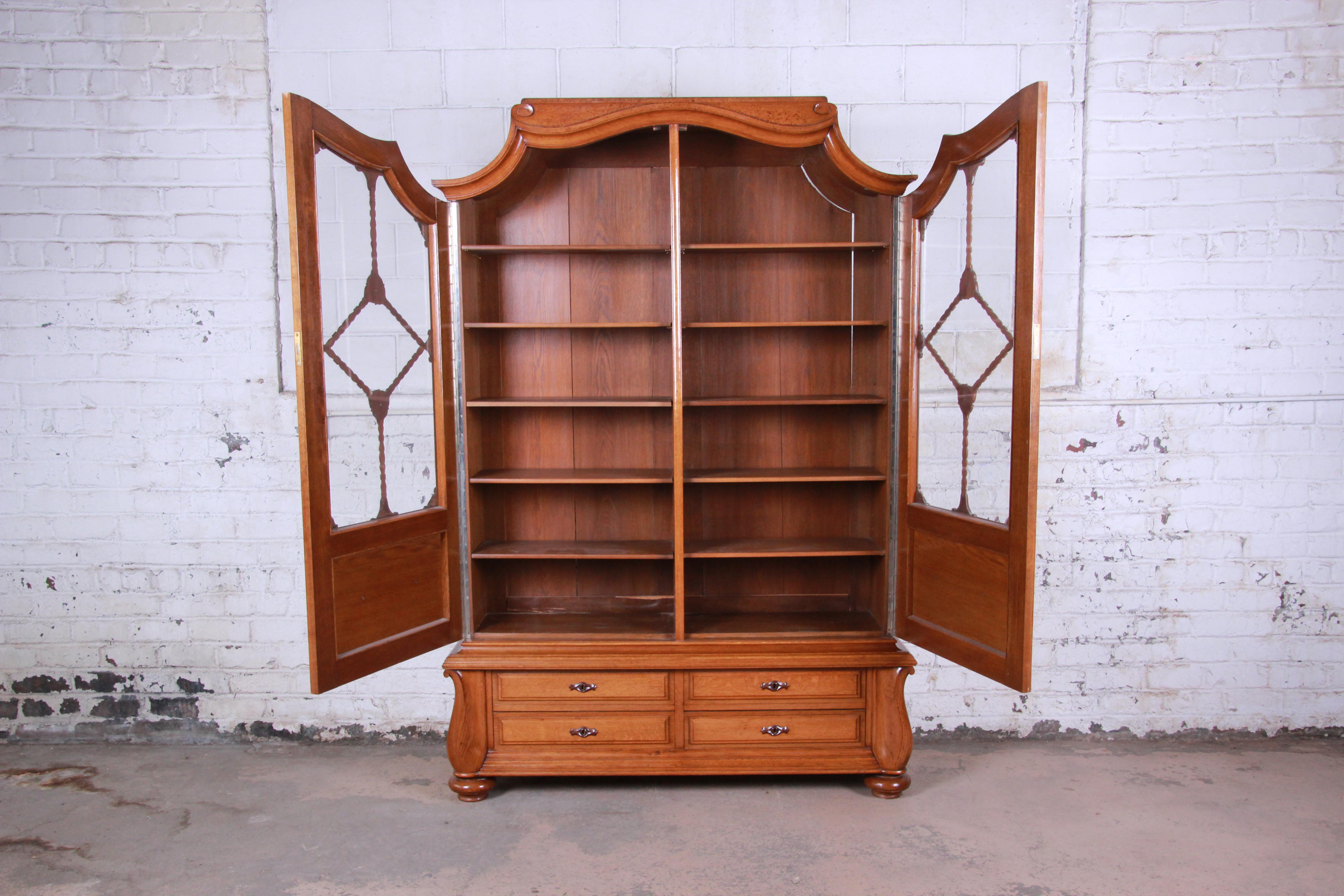 19th Century Victorian Carved Oak Glass Front Double Bookcase 1