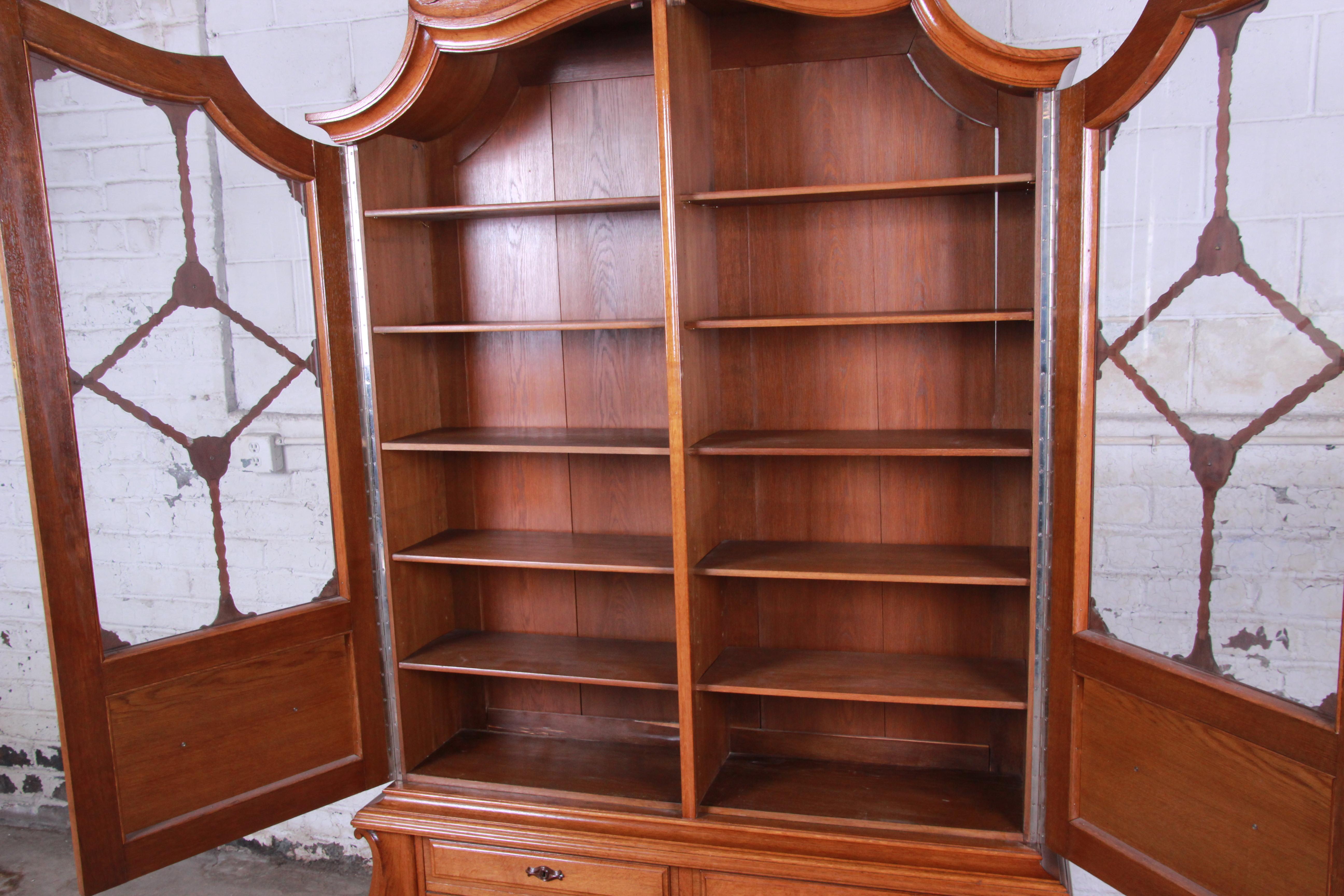 19th Century Victorian Carved Oak Glass Front Double Bookcase 2