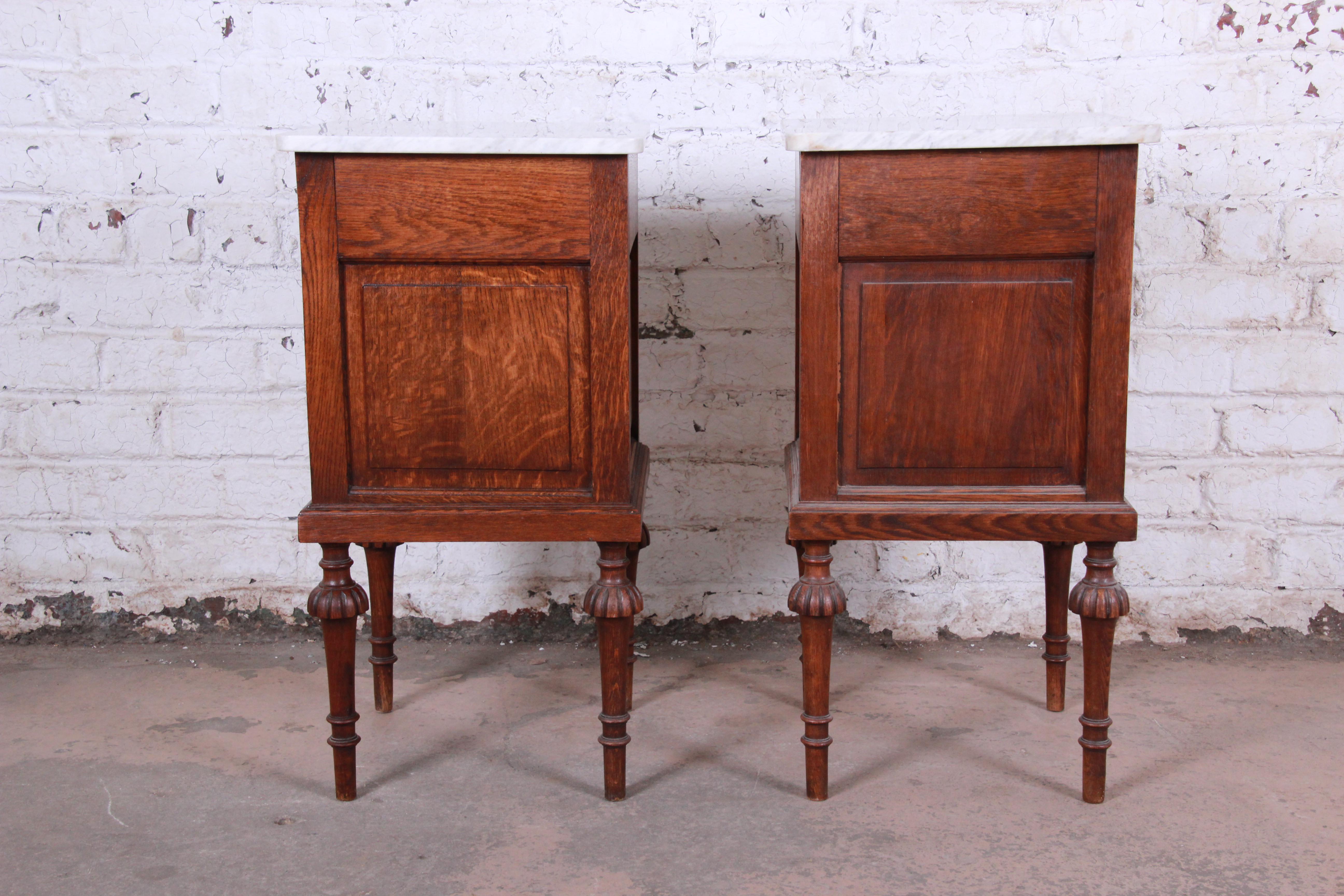 19th Century Victorian Carved Oak Marble Top Nightstands, Pair 8
