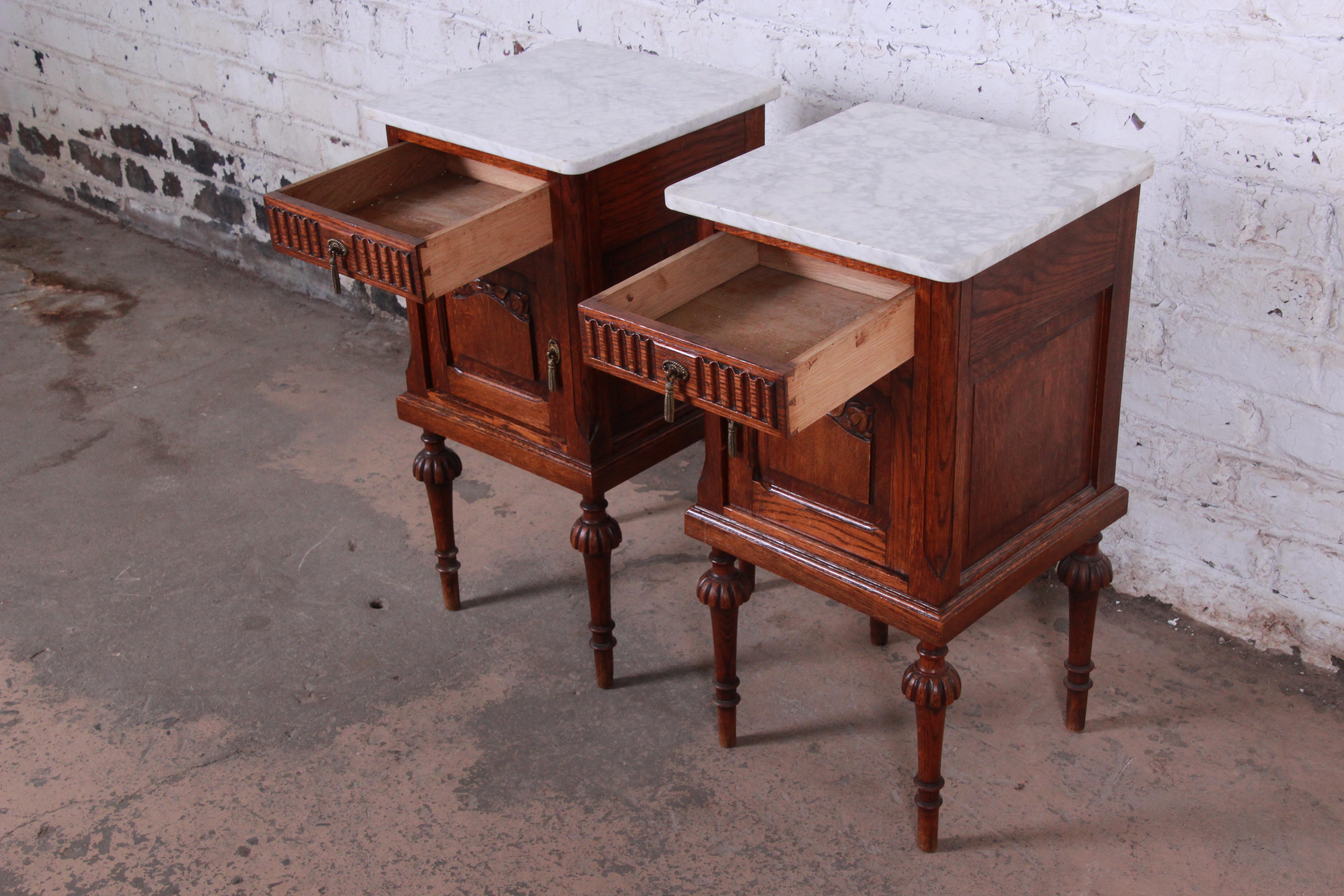 19th Century Victorian Carved Oak Marble Top Nightstands, Pair 2