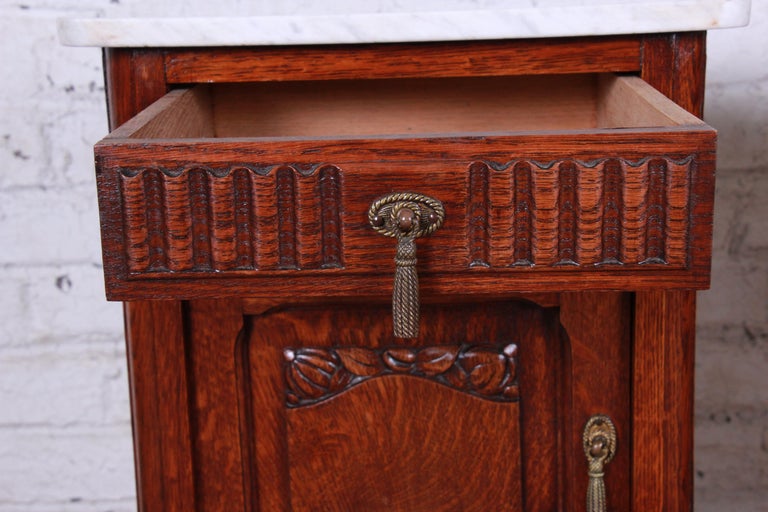 19th Century Victorian Carved Oak Marble Top Nightstands, Pair at 1stDibs