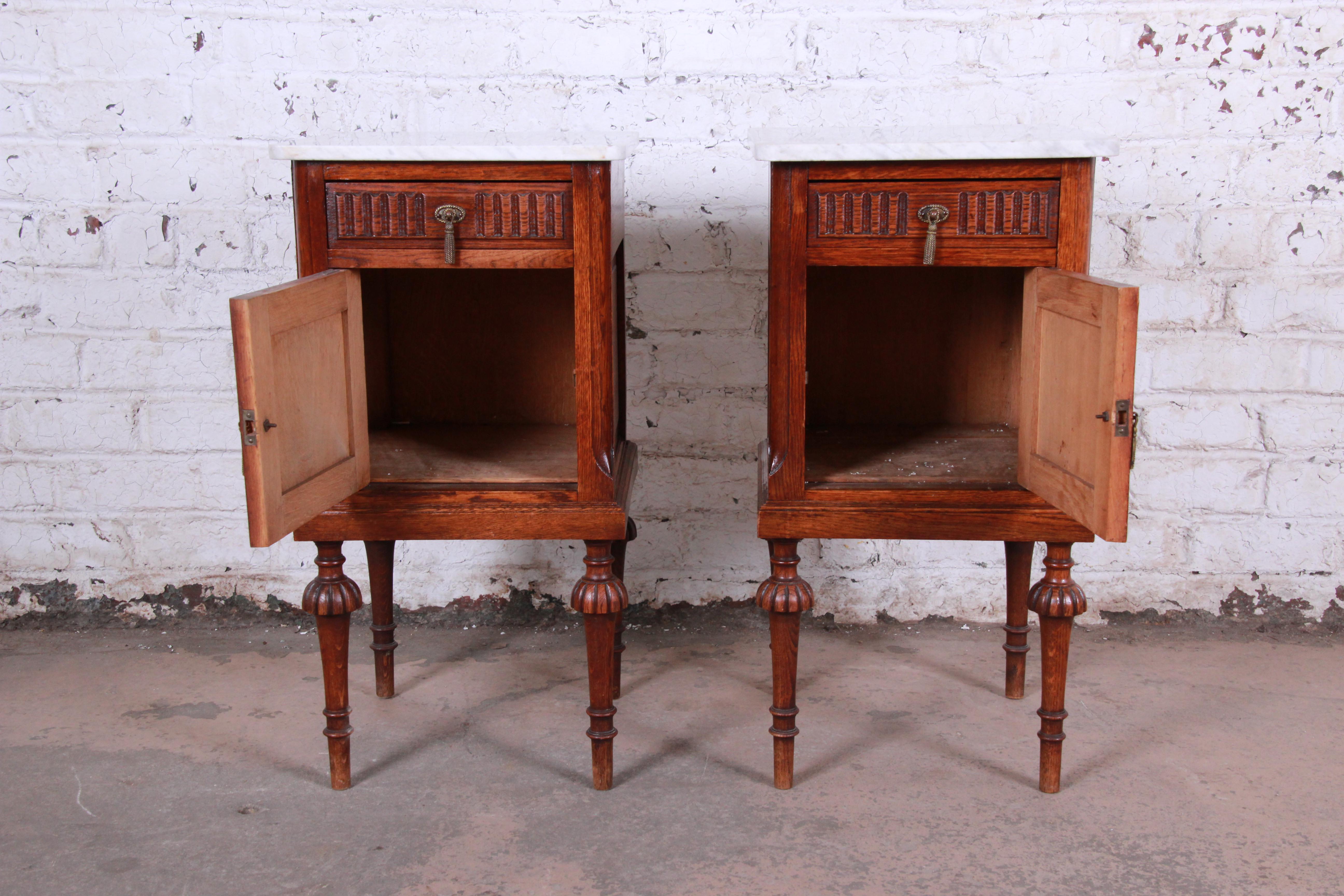 19th Century Victorian Carved Oak Marble Top Nightstands, Pair 5