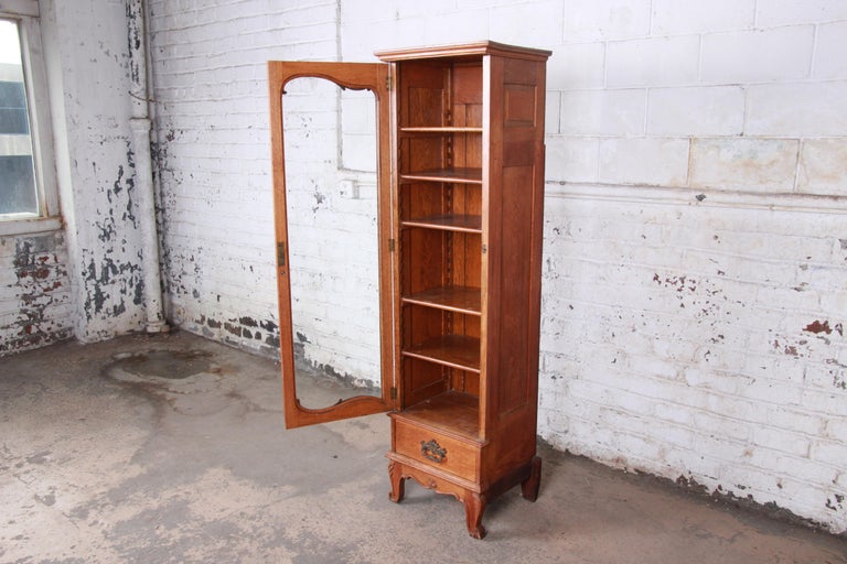 19th Century Victorian Carved Oak Narrow Glass Front Bookcase or