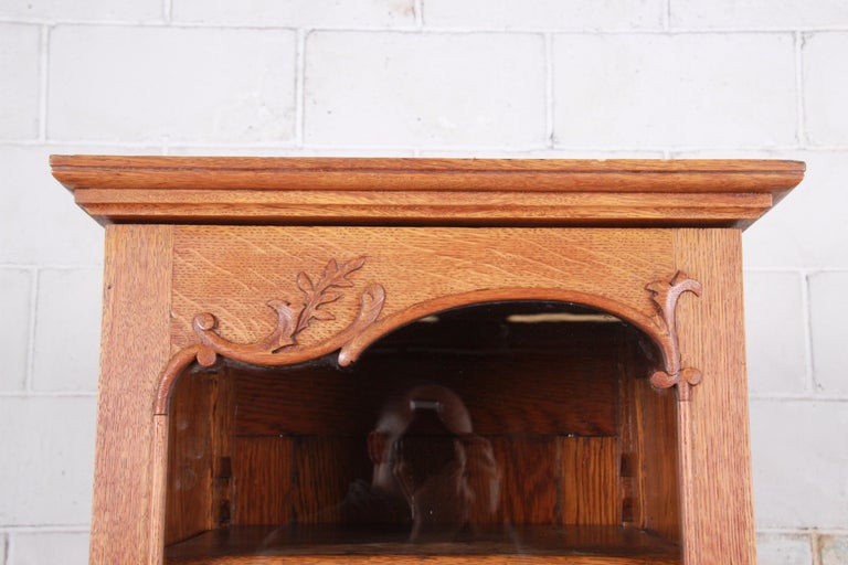 19th Century Victorian Carved Oak Narrow Glass Front Bookcase or
