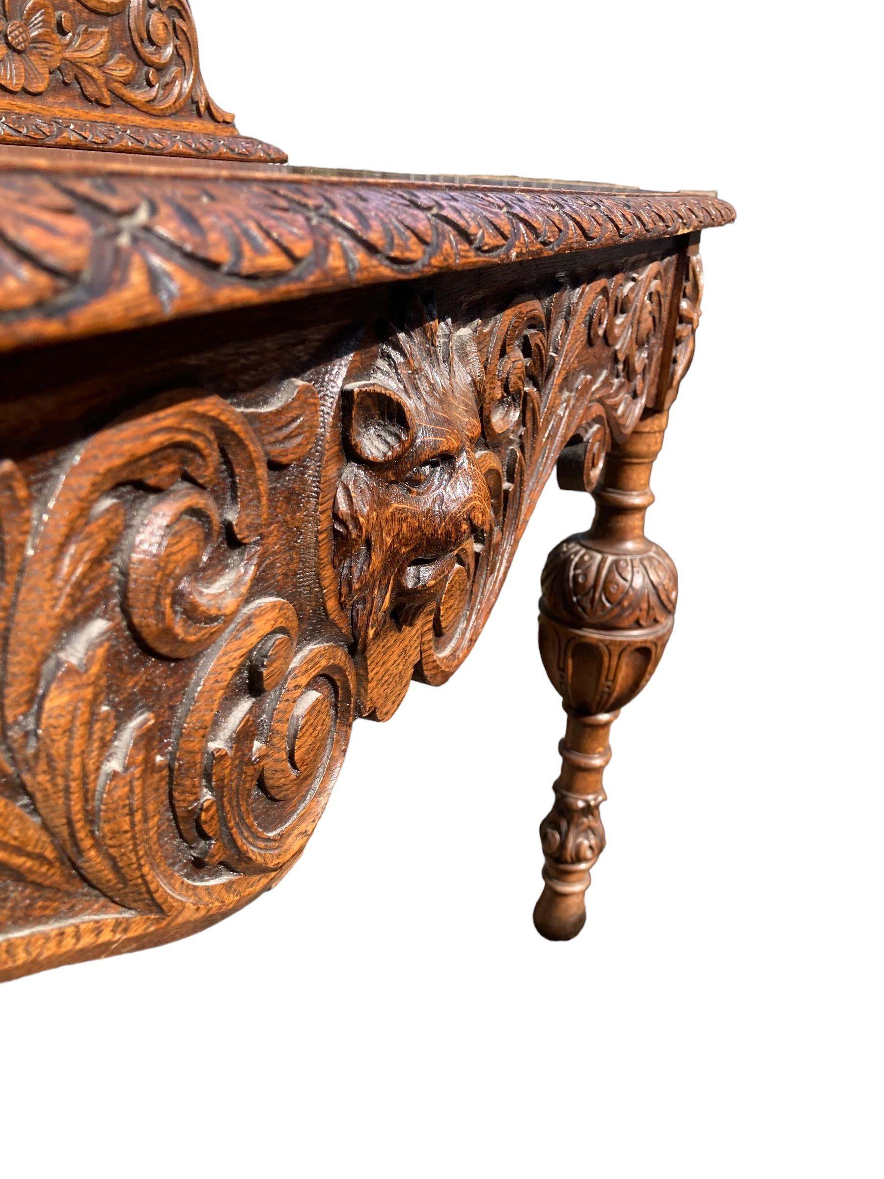 19th Century Victorian Carved Oak Sideboard or Hall Table, Lions Head Carvings For Sale 5