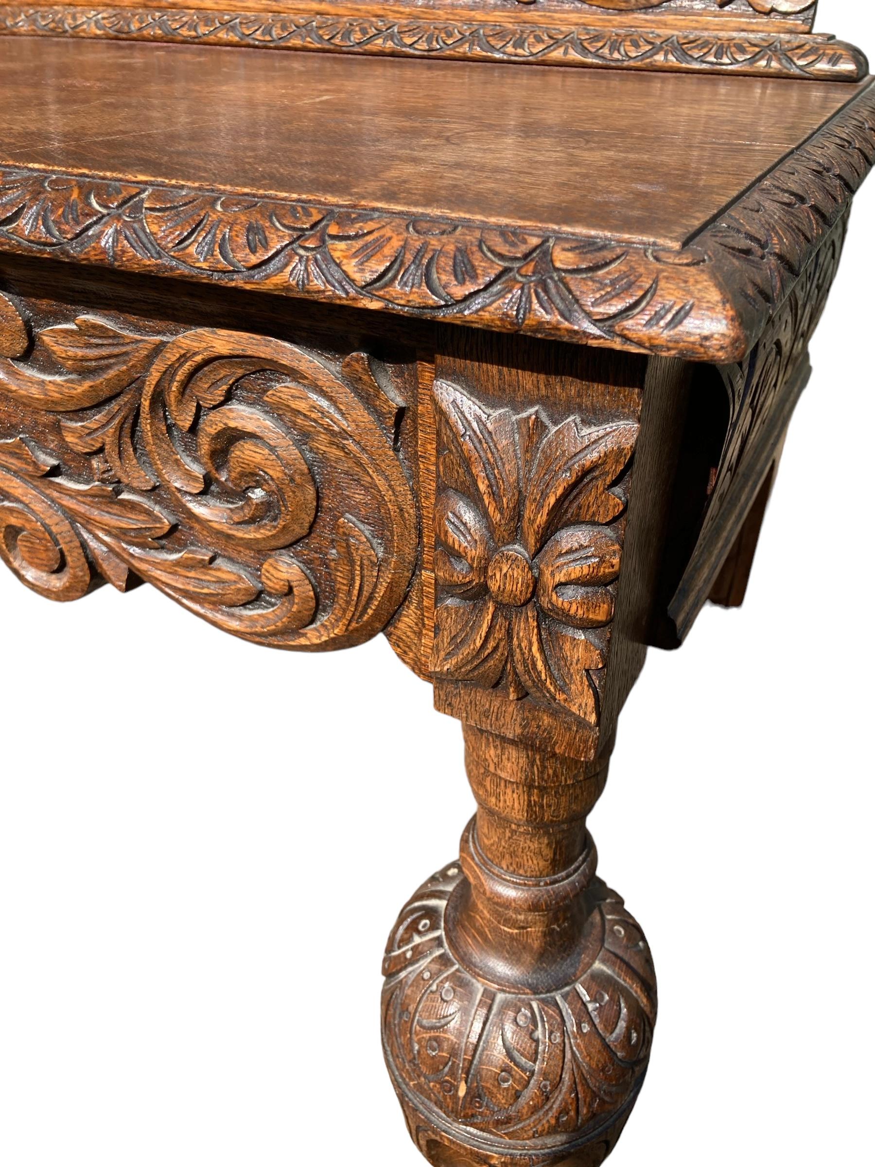 19th Century Victorian Carved Oak Sideboard or Hall Table, Lions Head Carvings For Sale 6