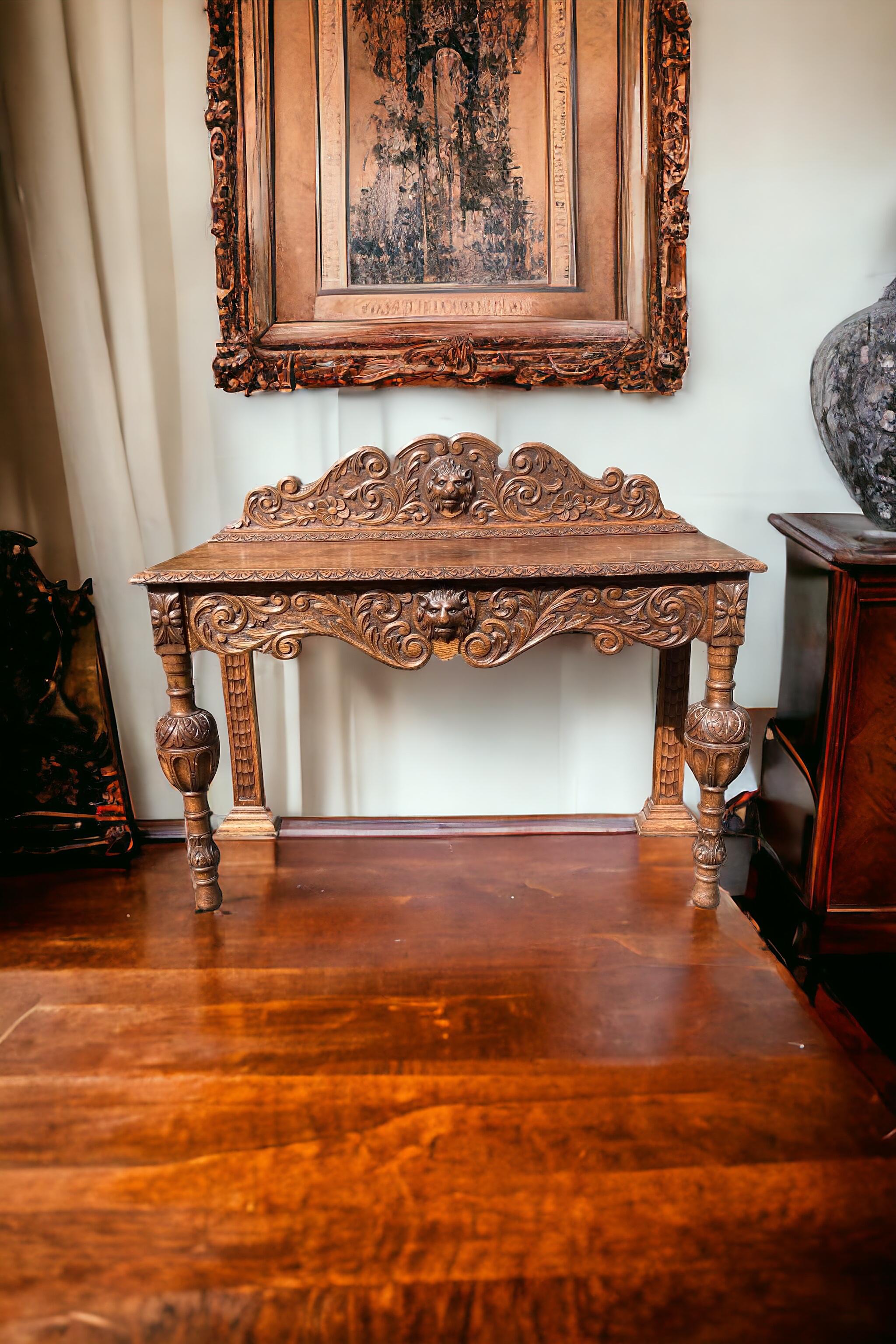 19th Century Victorian Carved Oak Sideboard or Hall Table, Lions Head Carvings For Sale 7