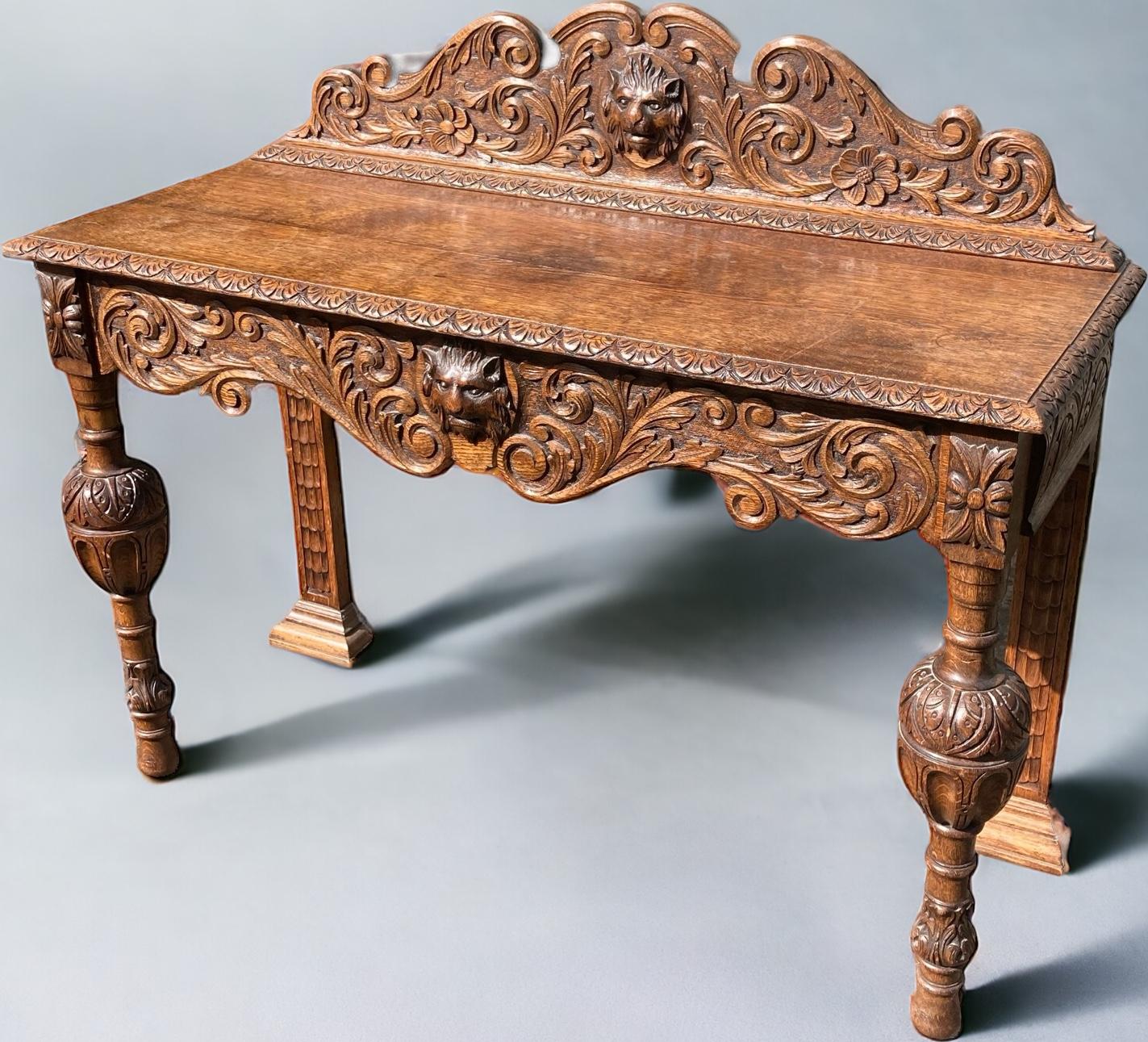 19th Century Victorian Carved Oak Sideboard or Hall Table, Lions Head Carvings For Sale 8