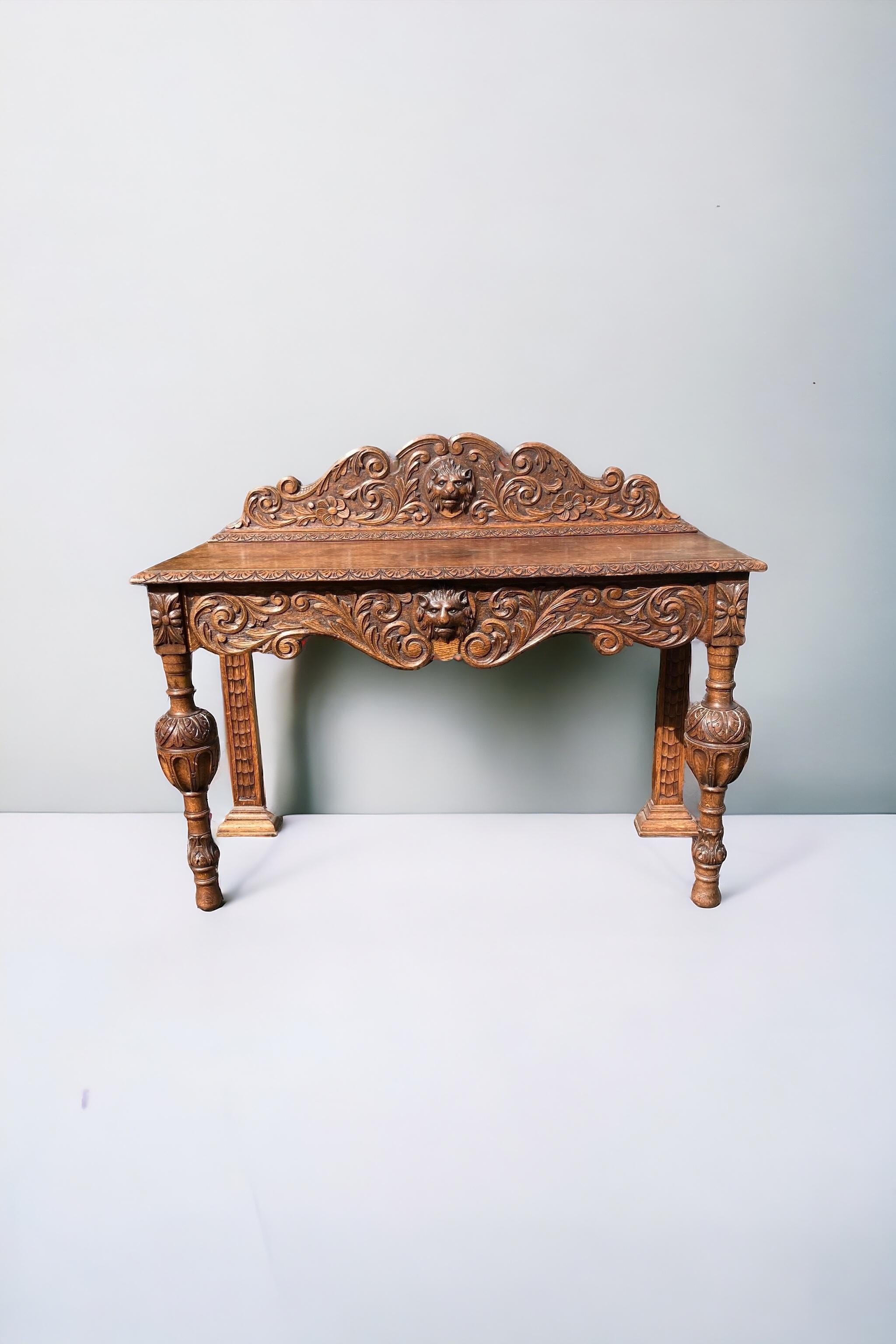 19th Century Victorian Carved Oak Sideboard or Hall Table, Lions Head Carvings For Sale 9
