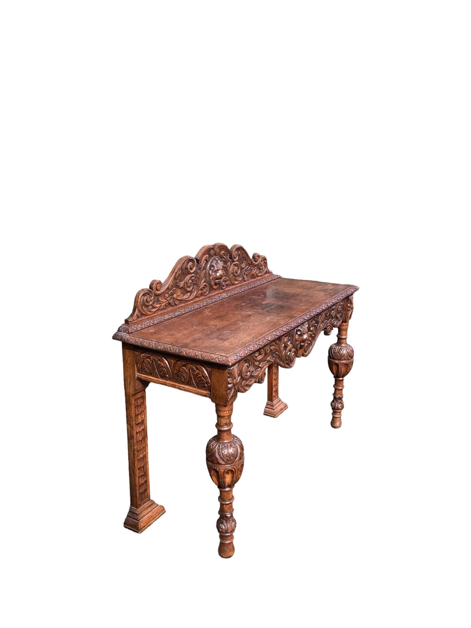 Late Victorian 19th Century Victorian Carved Oak Sideboard or Hall Table, Lions Head Carvings For Sale
