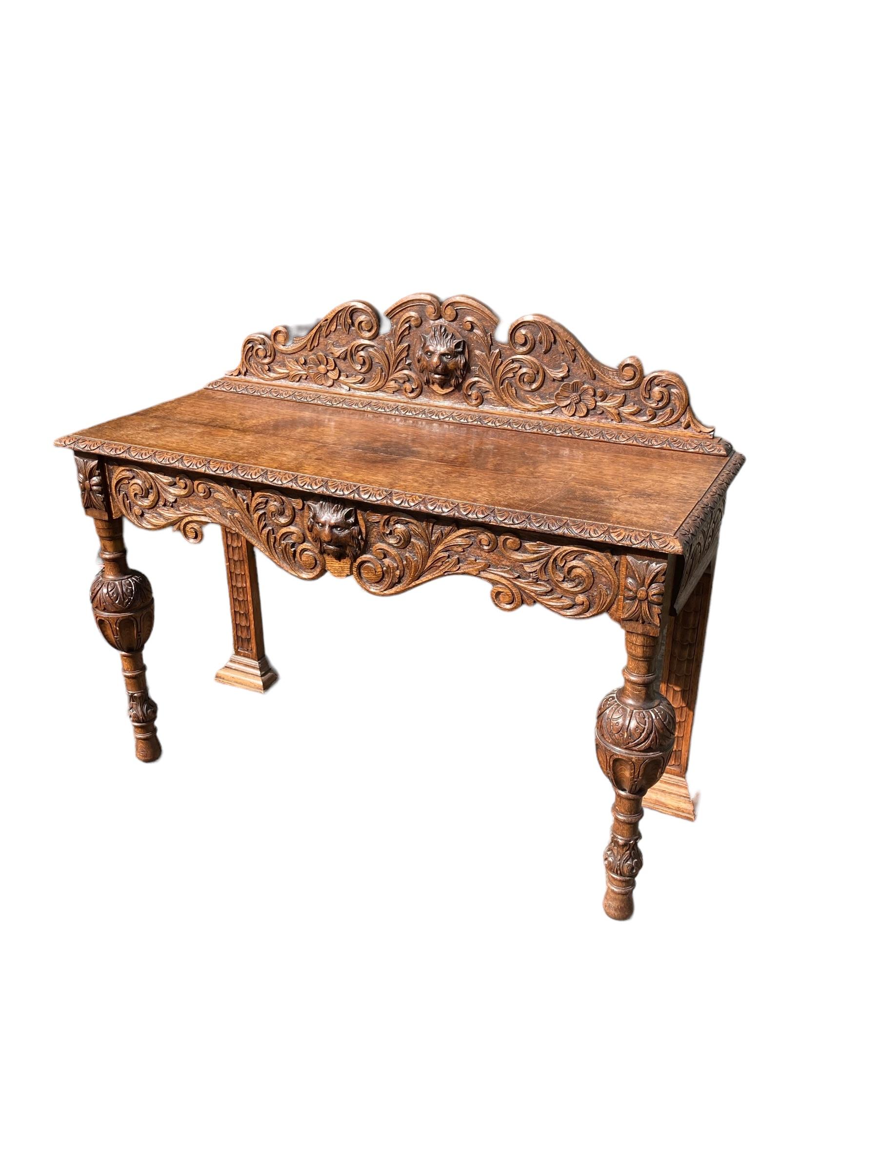 19th Century Victorian Carved Oak Sideboard or Hall Table, Lions Head Carvings In Good Condition For Sale In Bishop's Stortford, GB