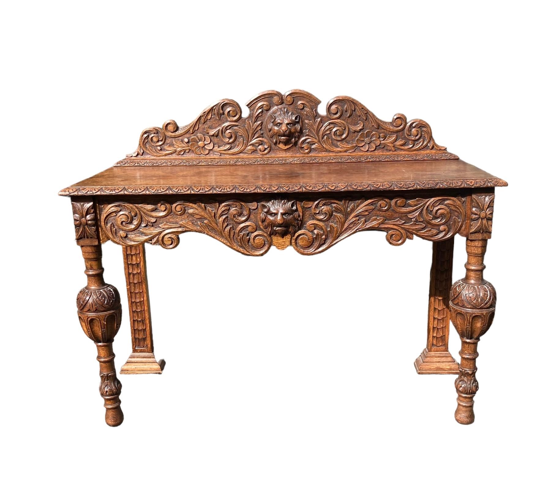 19th Century Victorian Carved Oak Sideboard or Hall Table, Lions Head Carvings For Sale 1