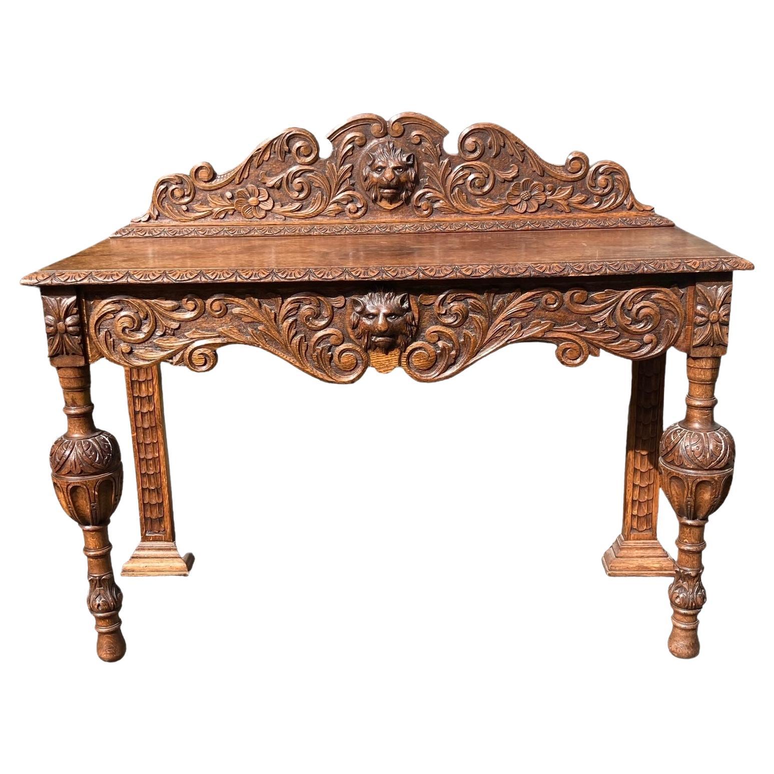 19th Century Victorian Carved Oak Sideboard or Hall Table, Lions Head Carvings For Sale