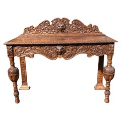 Used 19th Century Victorian Carved Oak Sideboard or Hall Table, Lions Head Carvings