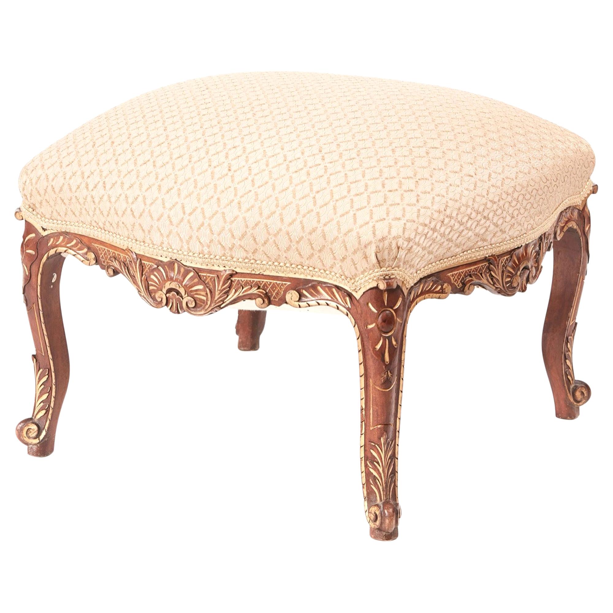 19th Century Victorian Carved Walnut and Gilt Stool