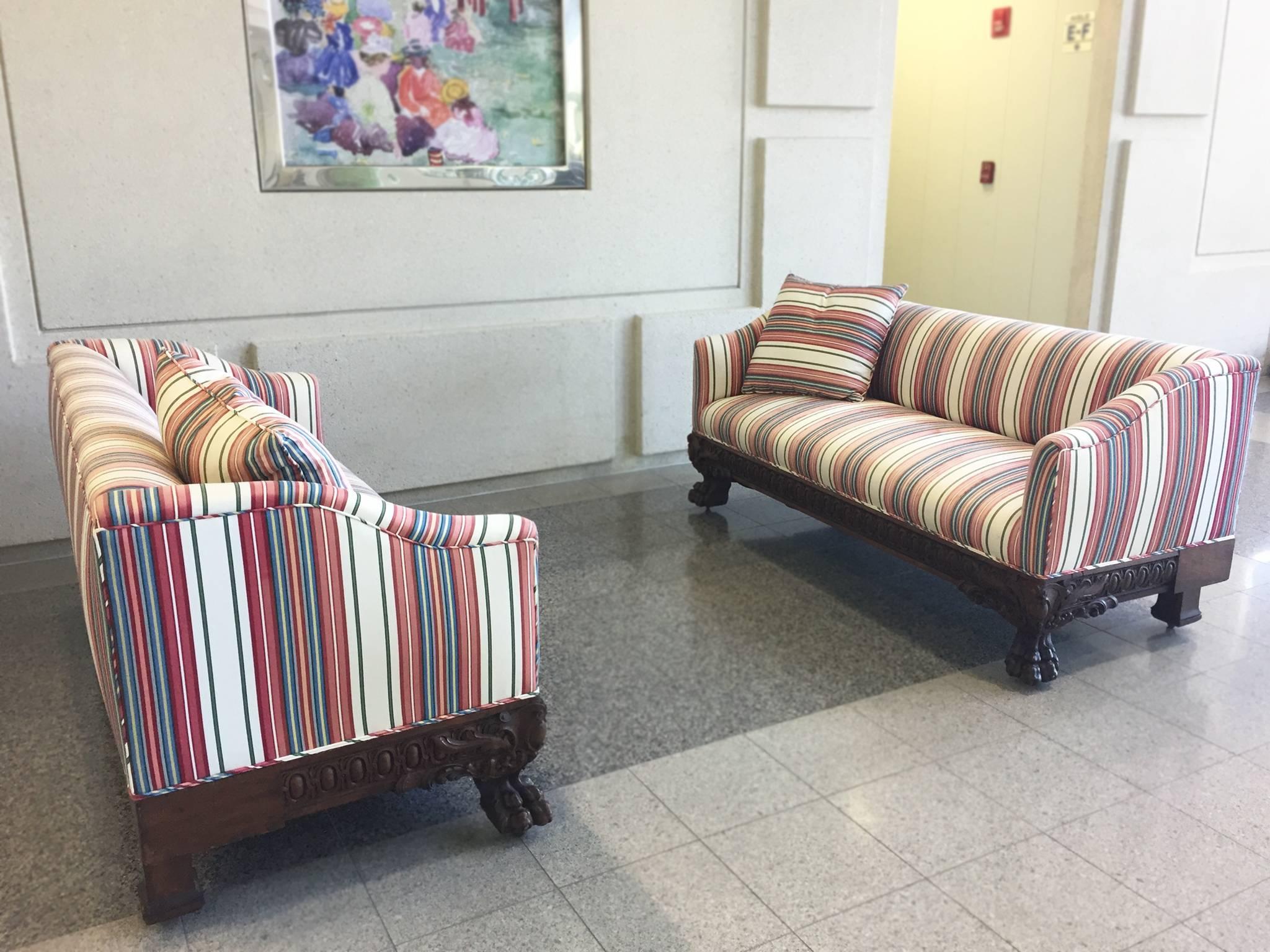 19th Century Victorian Carved Wood Sofas in Striped Silk, a Pair 6