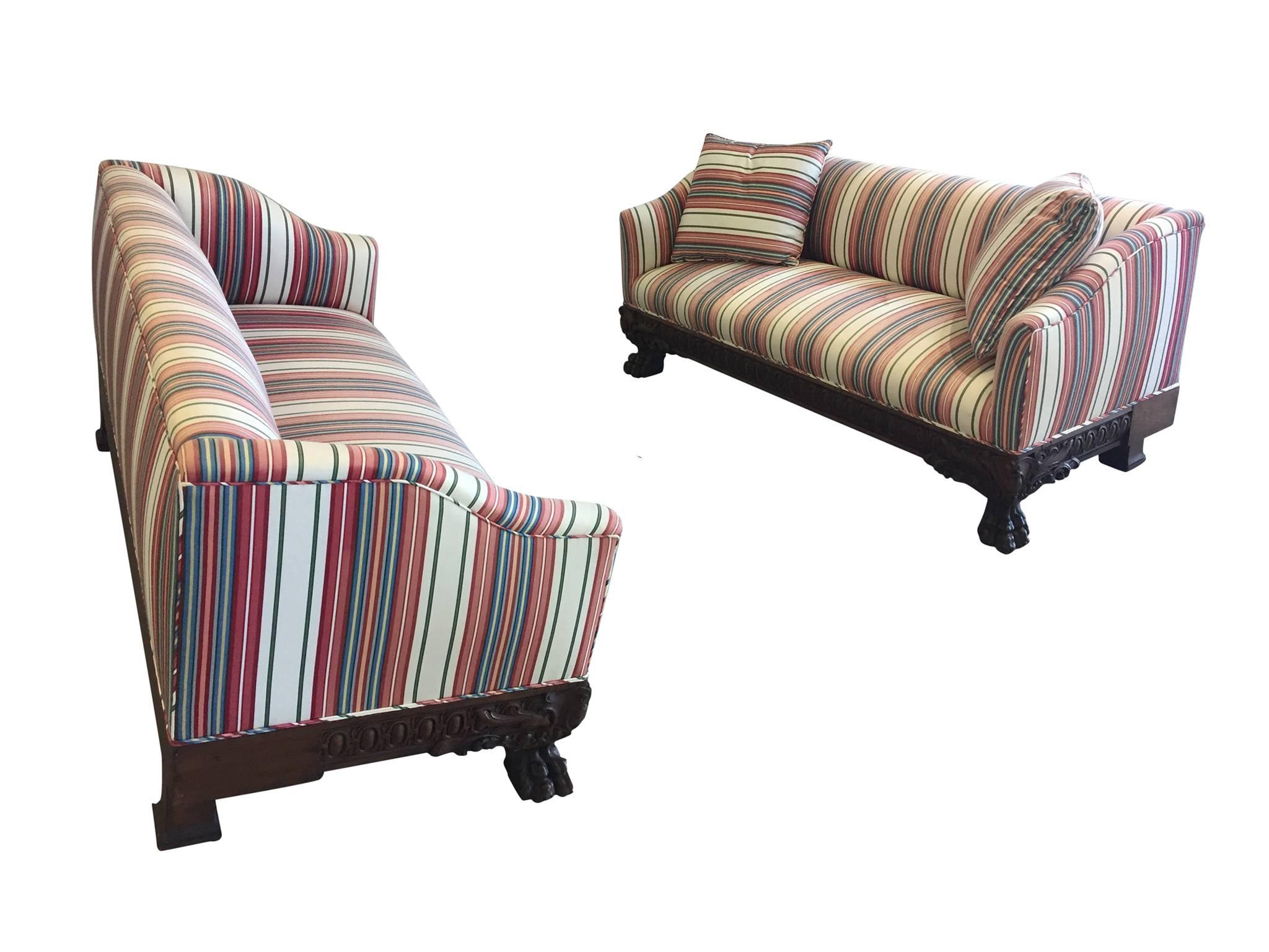 Hand-Carved 19th Century Victorian Carved Wood Sofas in Striped Silk, a Pair