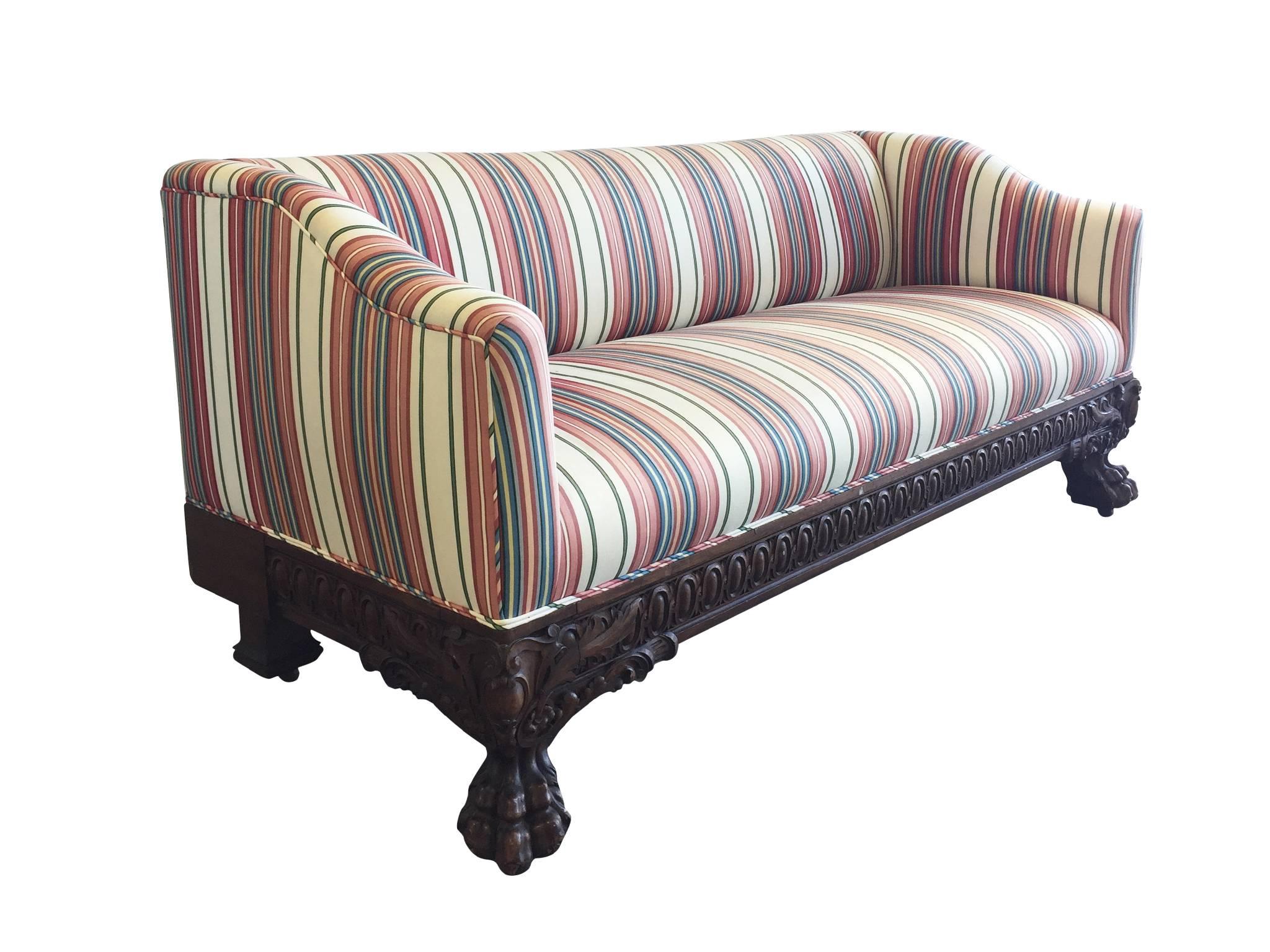 19th Century Victorian Carved Wood Sofas in Striped Silk, a Pair In Good Condition In New York, NY