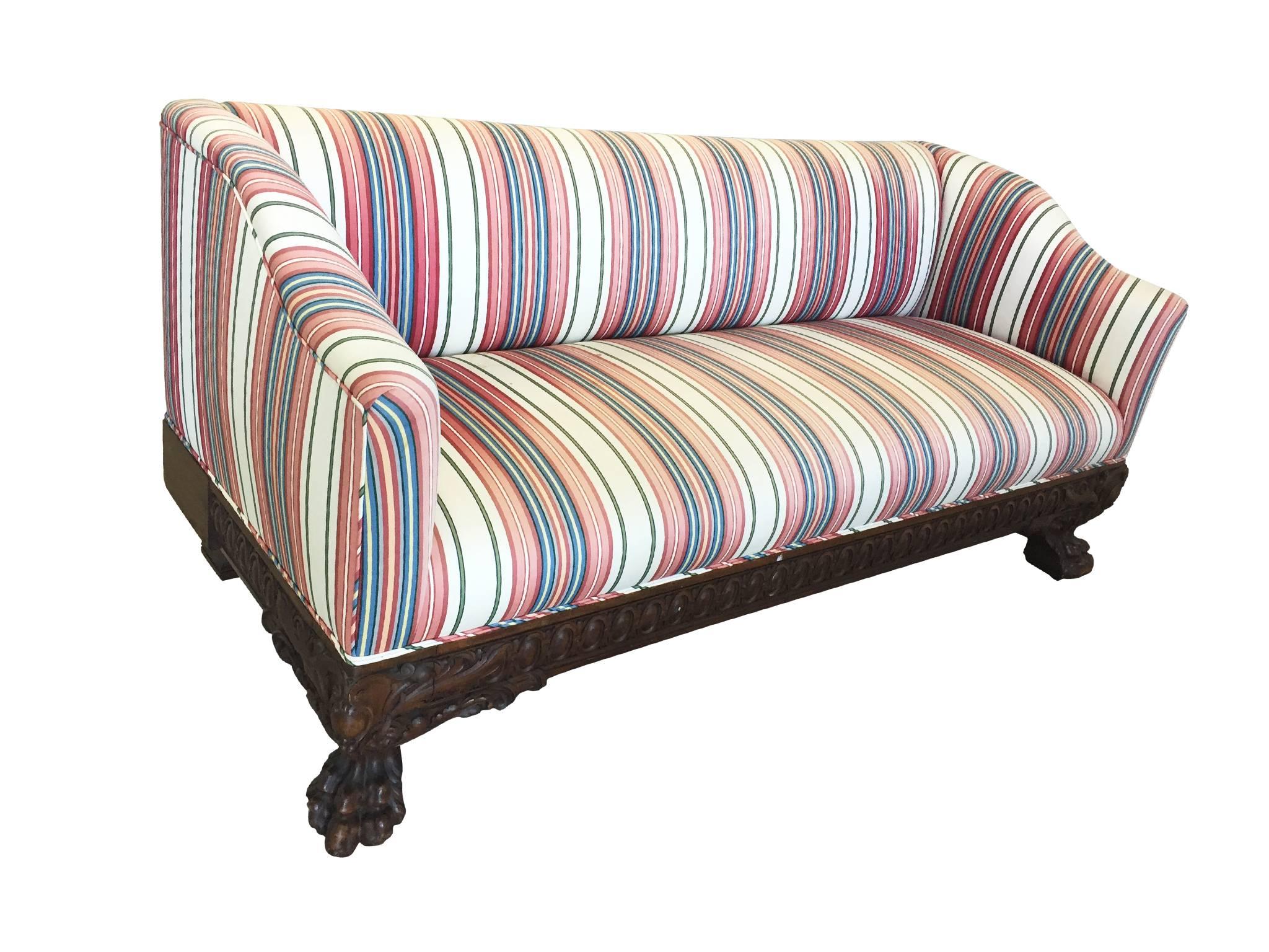 19th Century Victorian Carved Wood Sofas in Striped Silk, a Pair 1