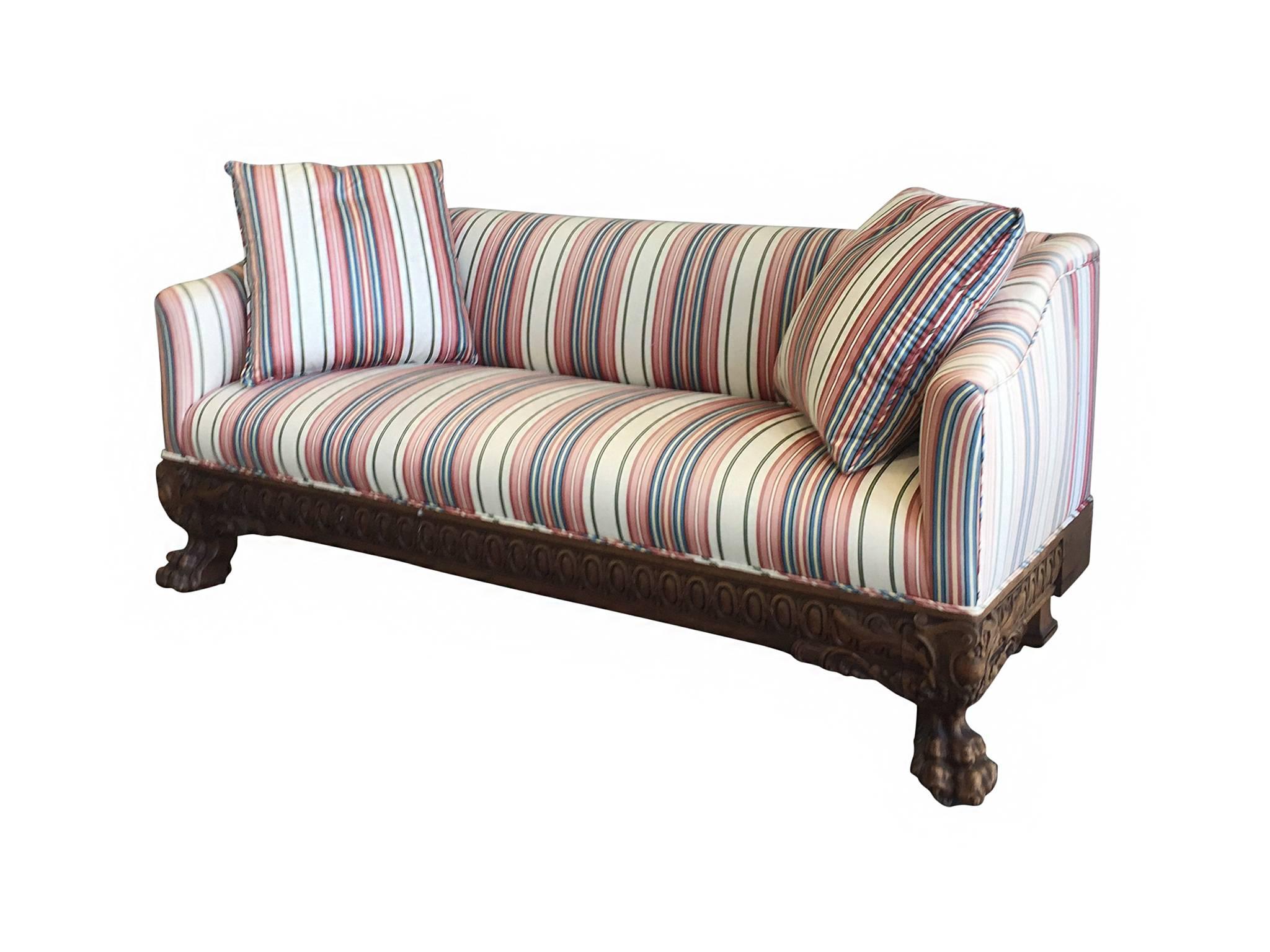 19th Century Victorian Carved Wood Sofas in Striped Silk, a Pair 2