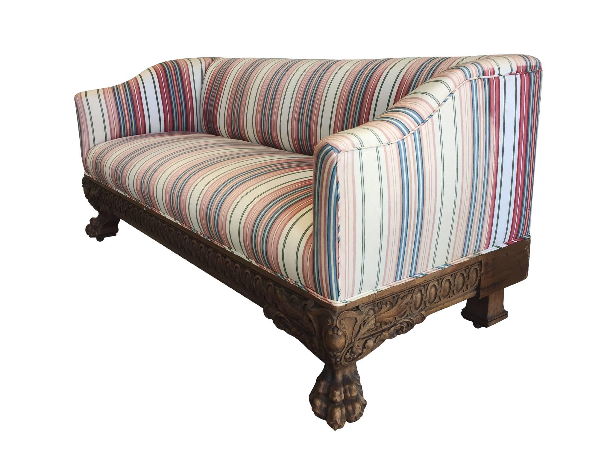 19th Century Victorian Carved Wood Sofas in Striped Silk, a Pair 3