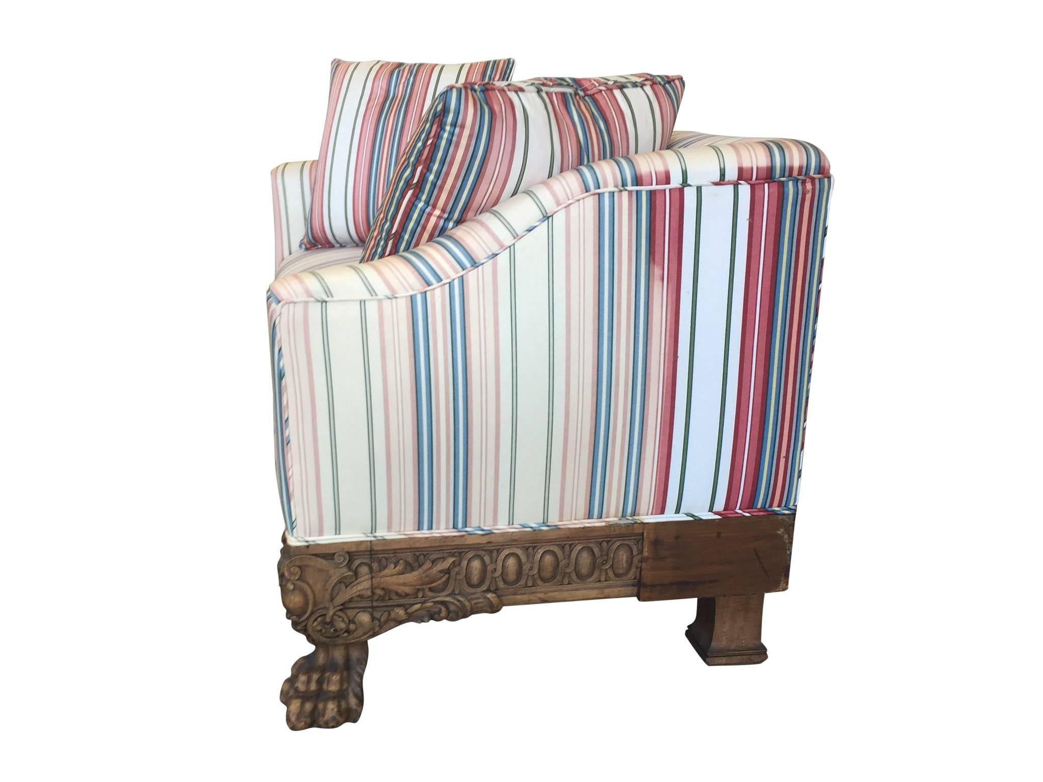 19th Century Victorian Carved Wood Sofas in Striped Silk, a Pair 4