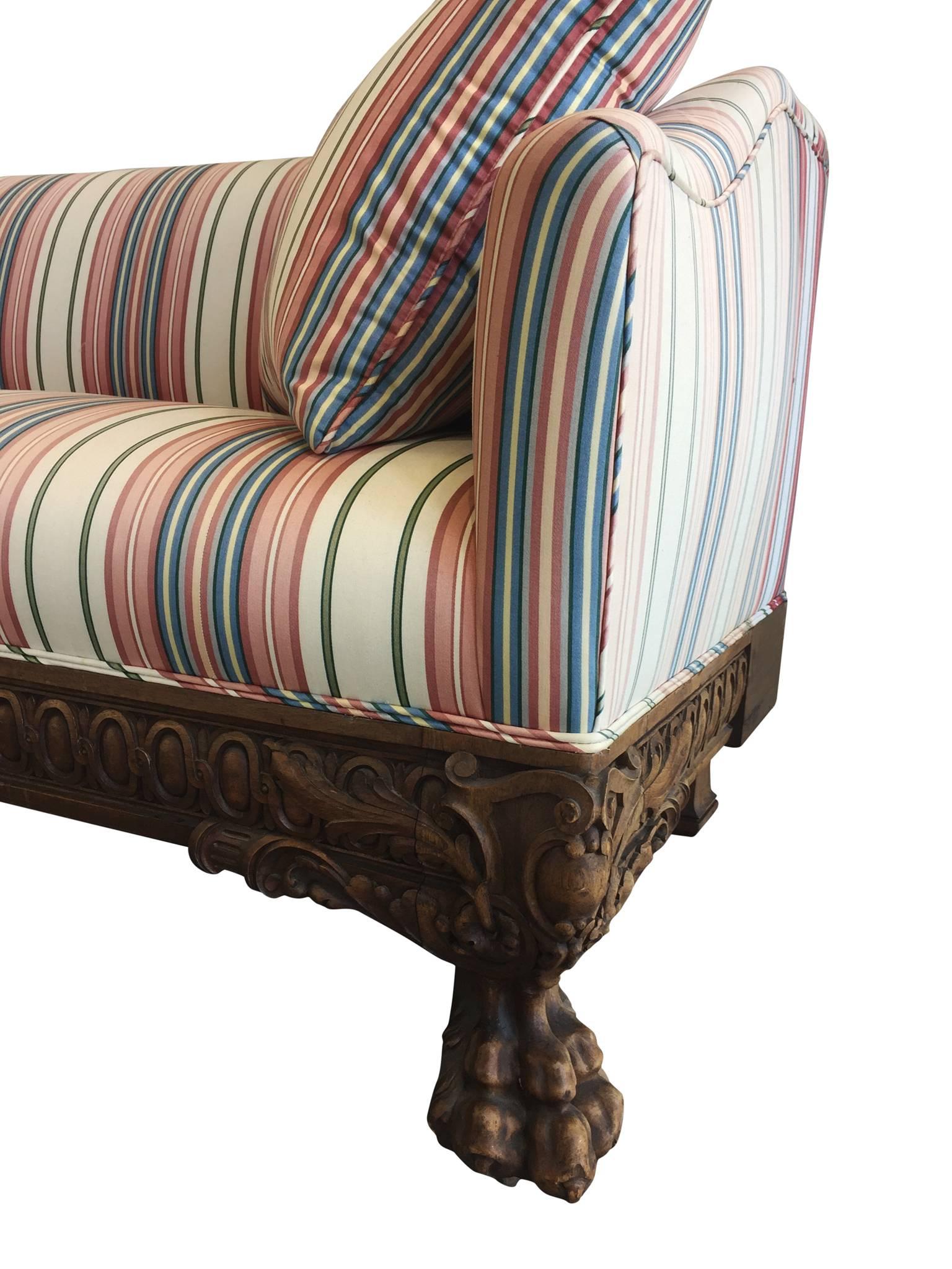 19th Century Victorian Carved Wood Sofas in Striped Silk, a Pair 5