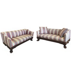 19th Century Victorian Carved Wood Sofas in Striped Silk, a Pair