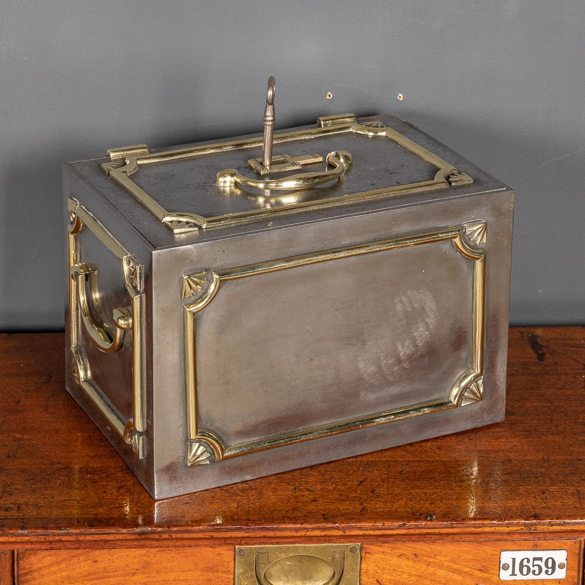Antique 19th Century Victorian cast iron strongbox safe. Primarily used for the transport of document or valuables this was one of the first fireproof safes available. This piece has its original key. It would have been taken on long travels,