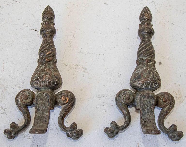 Antique Federal Style Turned Brass and Cast Iron Fireplace Andirons - a