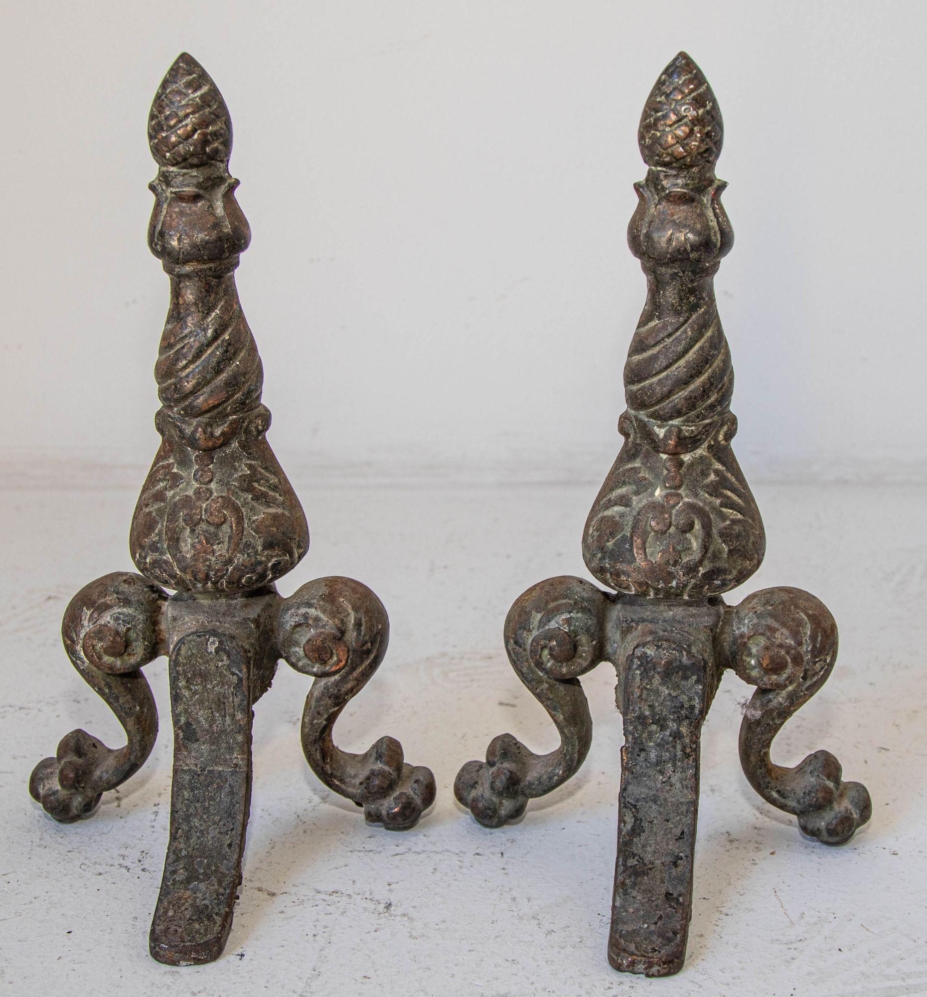 American 19th Century Victorian Cast Iron Fireplace Andirons For Sale