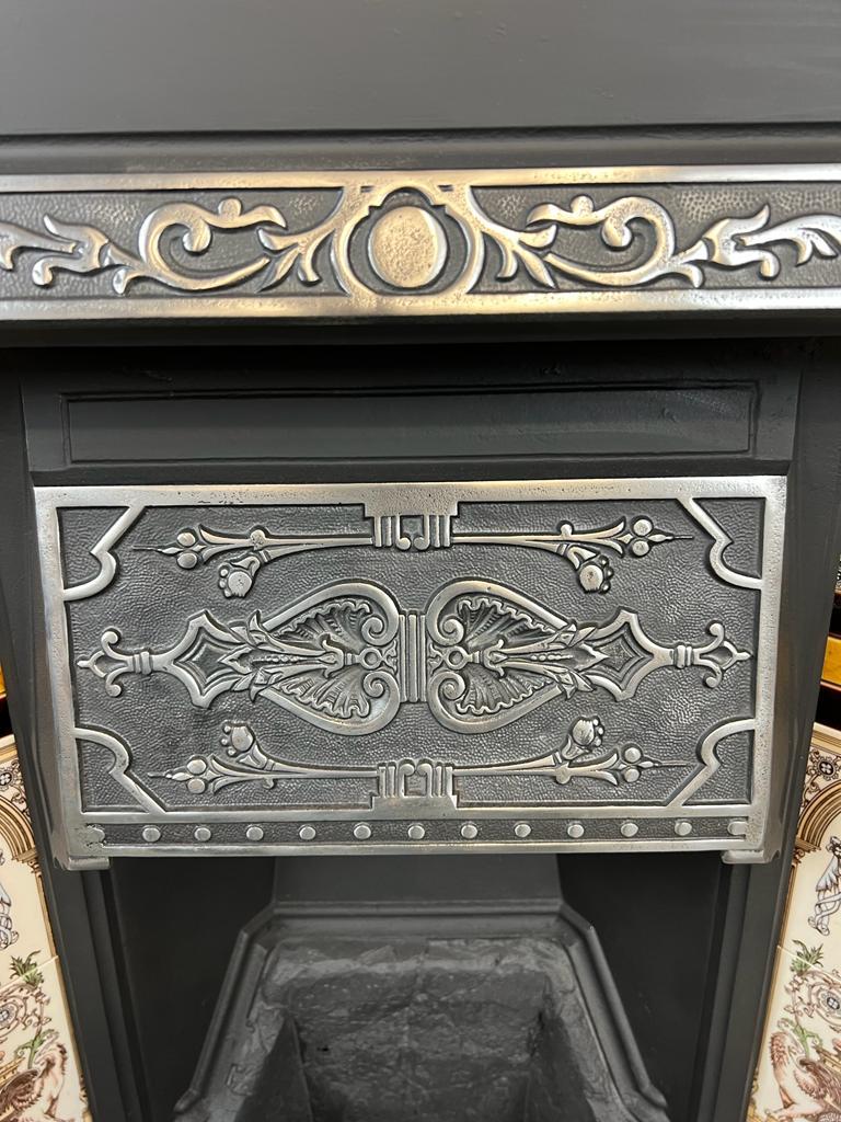 Ceramic 19th Century Victorian Cast-Iron Fireplace Tiled Insert For Sale