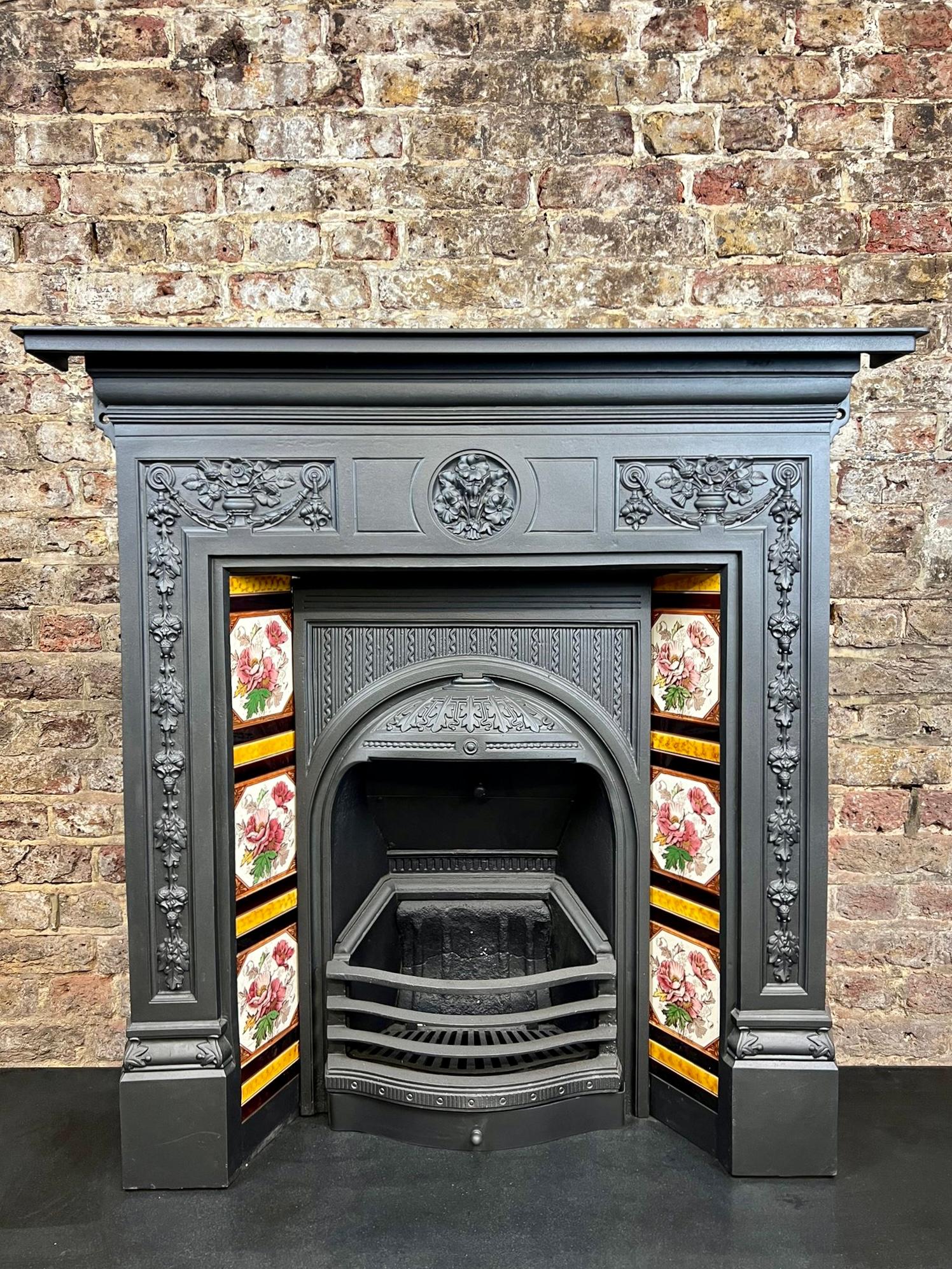Blackened 19th Century Victorian Cast Iron Tiled Combination Fireplace
