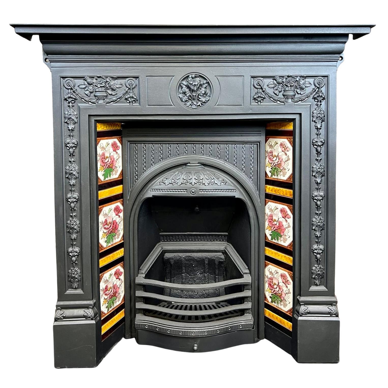 19th Century Victorian Cast Iron Tiled Combination Fireplace