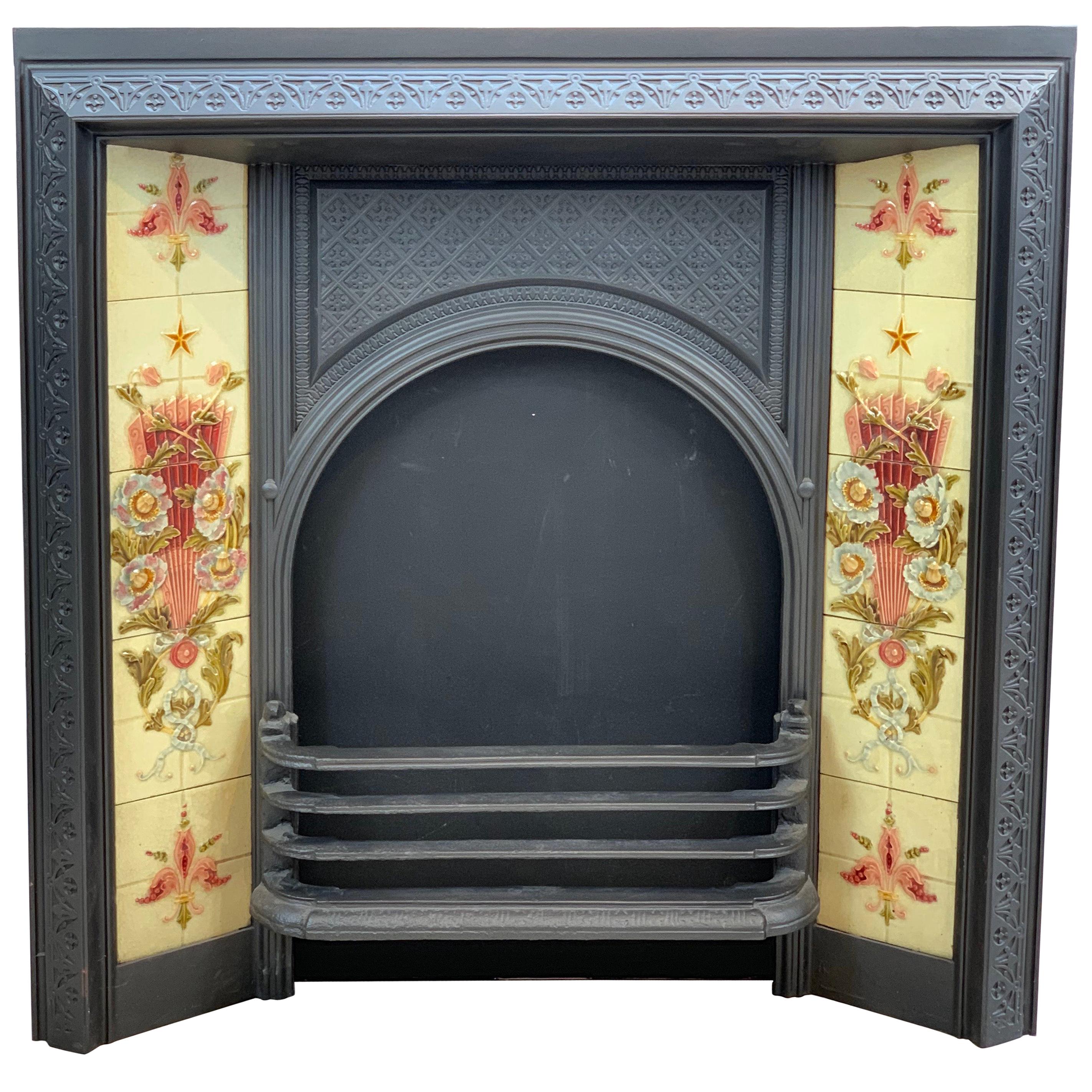 19th Century Victorian Cast Iron Tiled Fireplace