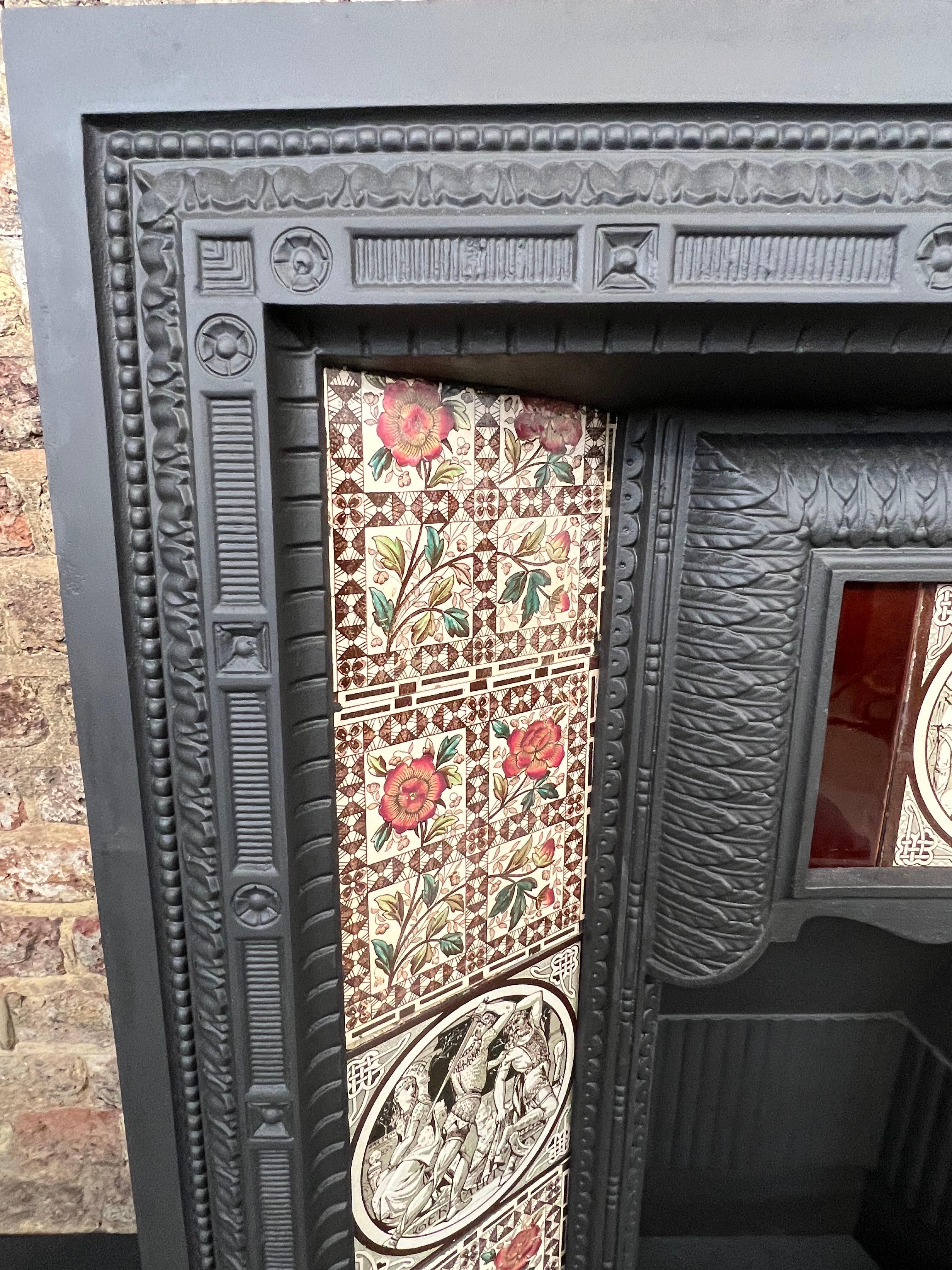 English 19th Century Victorian Cast Iron Tiled Fireplace Insert