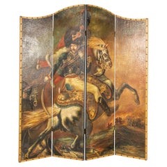Antique 19th Century Victorian 'Cavalry in Battle' Oil Painted Folding Screen, C.1890