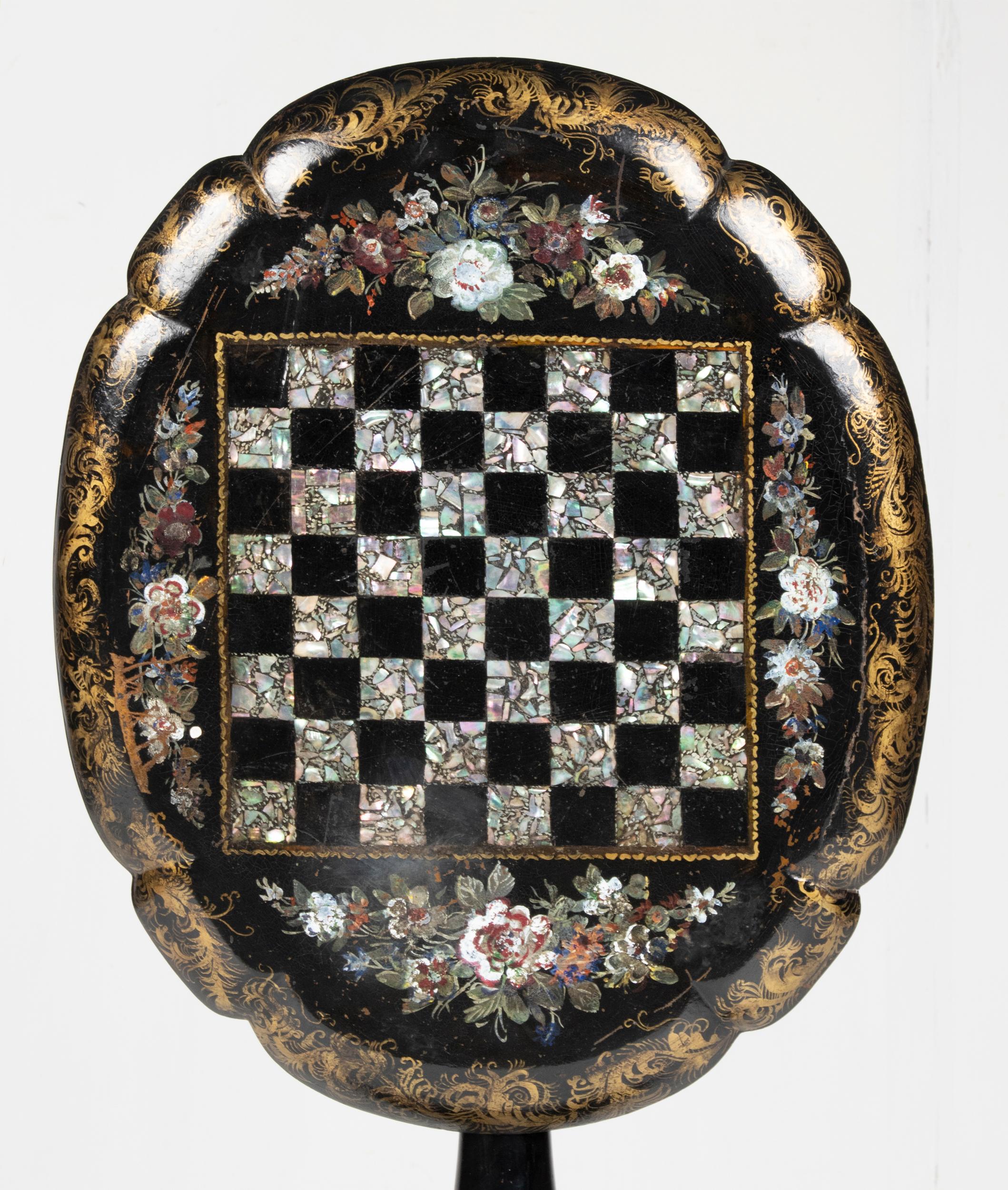 Hand-Crafted 19th Century Victorian Inlay Chess Table Papier Maché