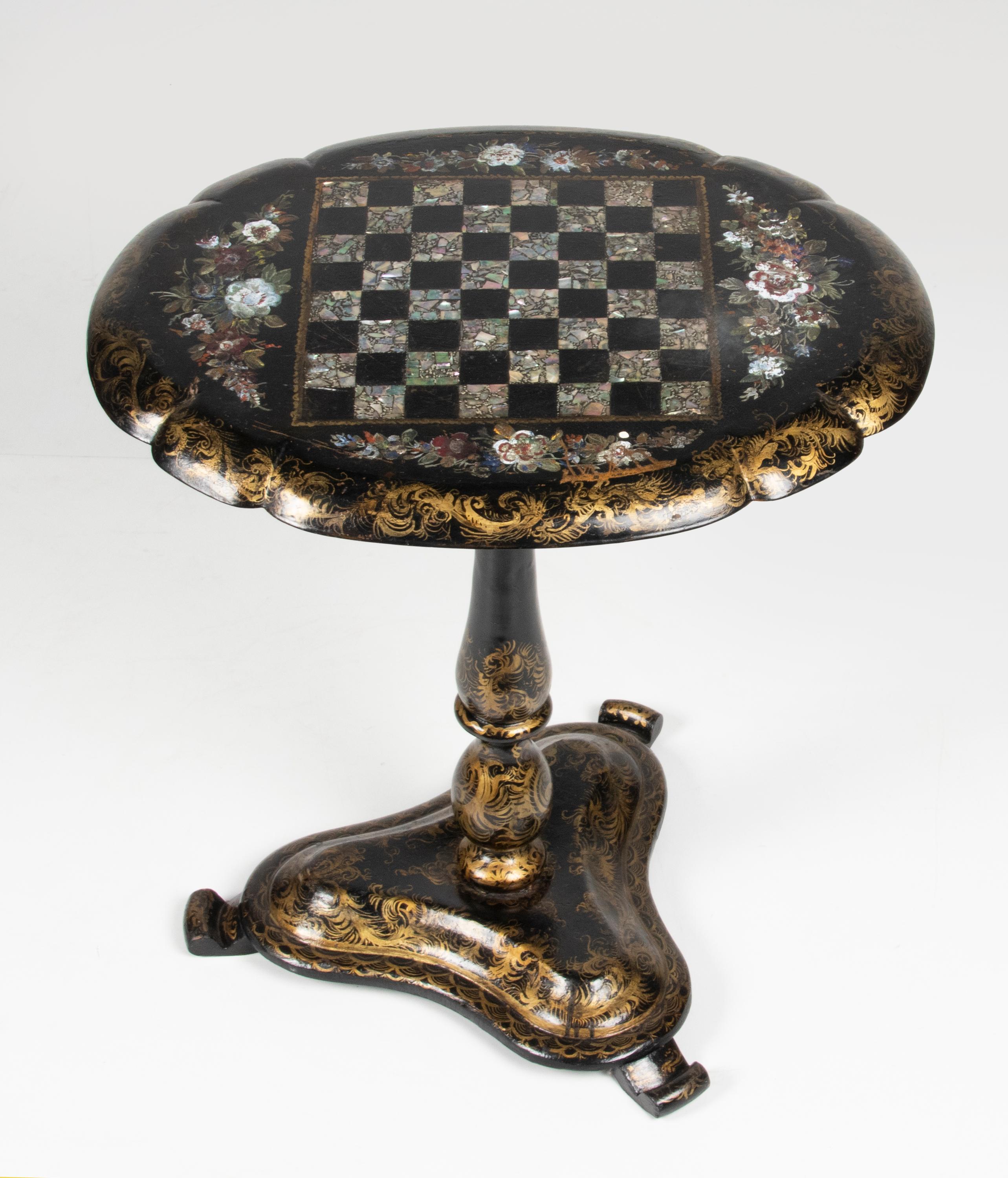 Late 19th Century 19th Century Victorian Inlay Chess Table Papier Maché