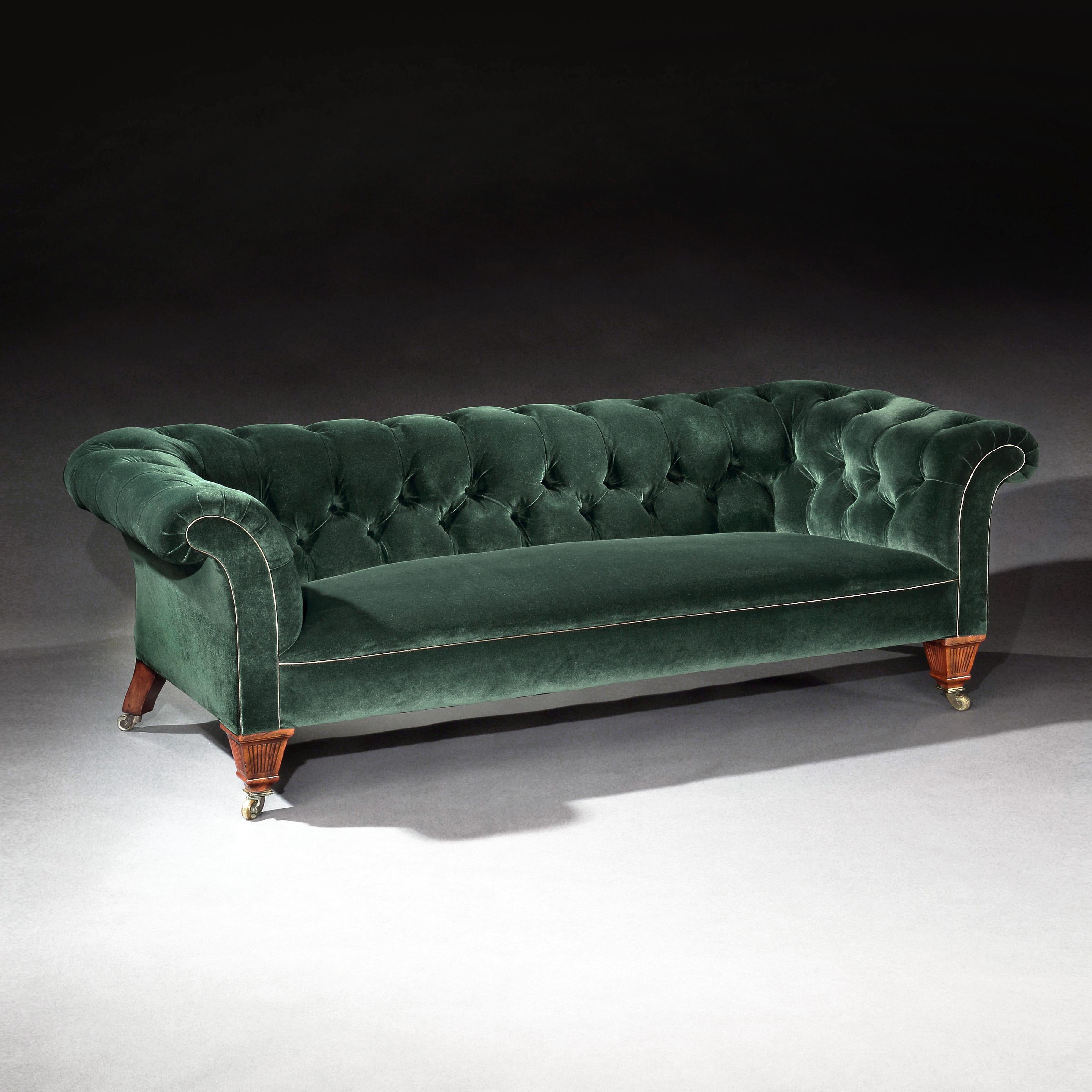 19th Century Victorian Chesterfield Sofa Upholstered in a Green Velvet C Hindley 1