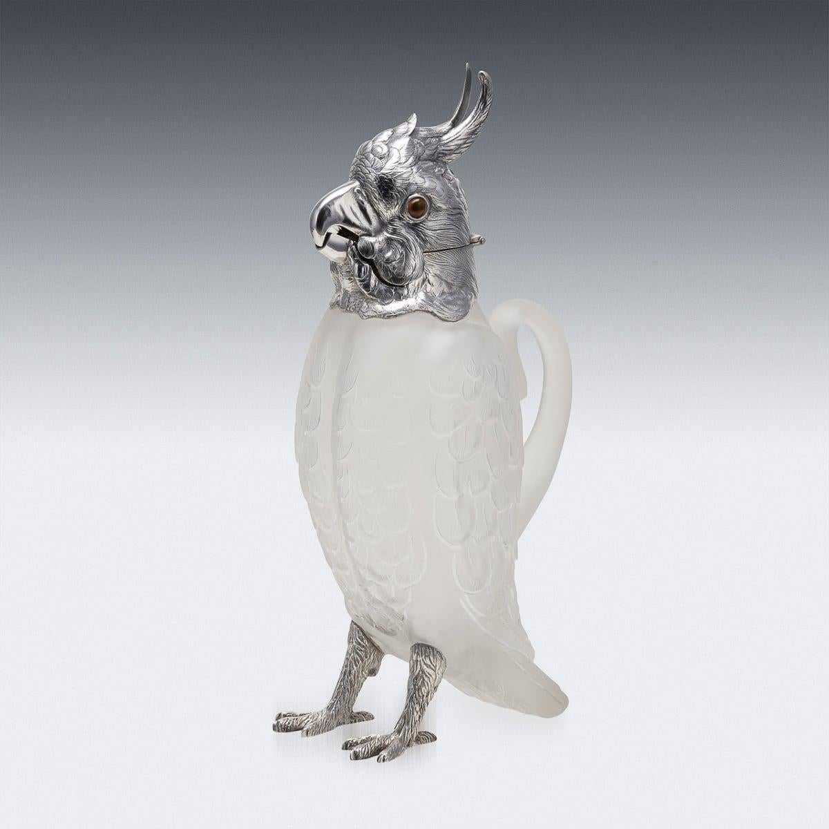British 19th Century Victorian Cockatoo Solid Silver & Glass Claret Jug, London c.1881