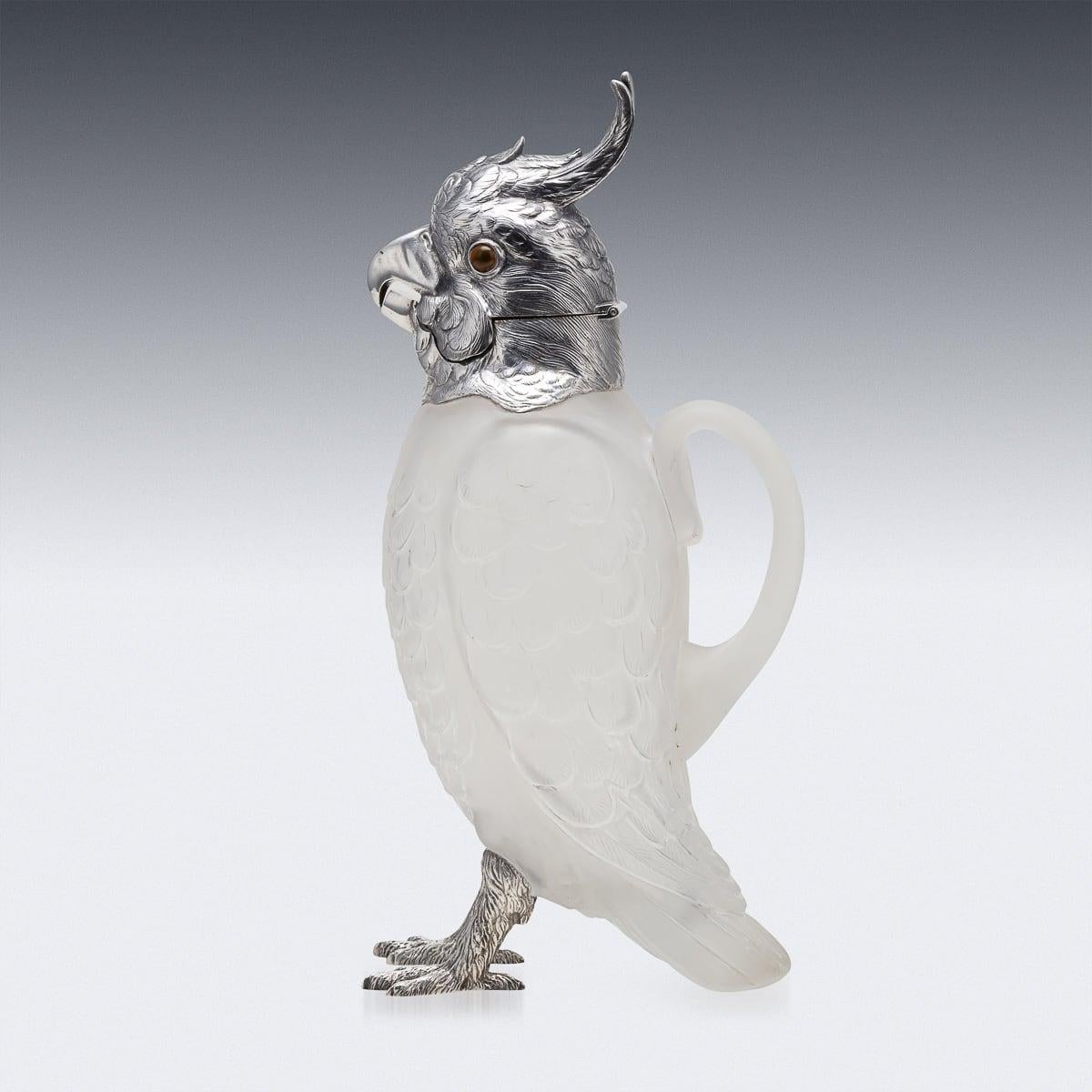 19th Century Victorian Cockatoo Solid Silver & Glass Claret Jug, London c.1881 In Good Condition In Royal Tunbridge Wells, Kent