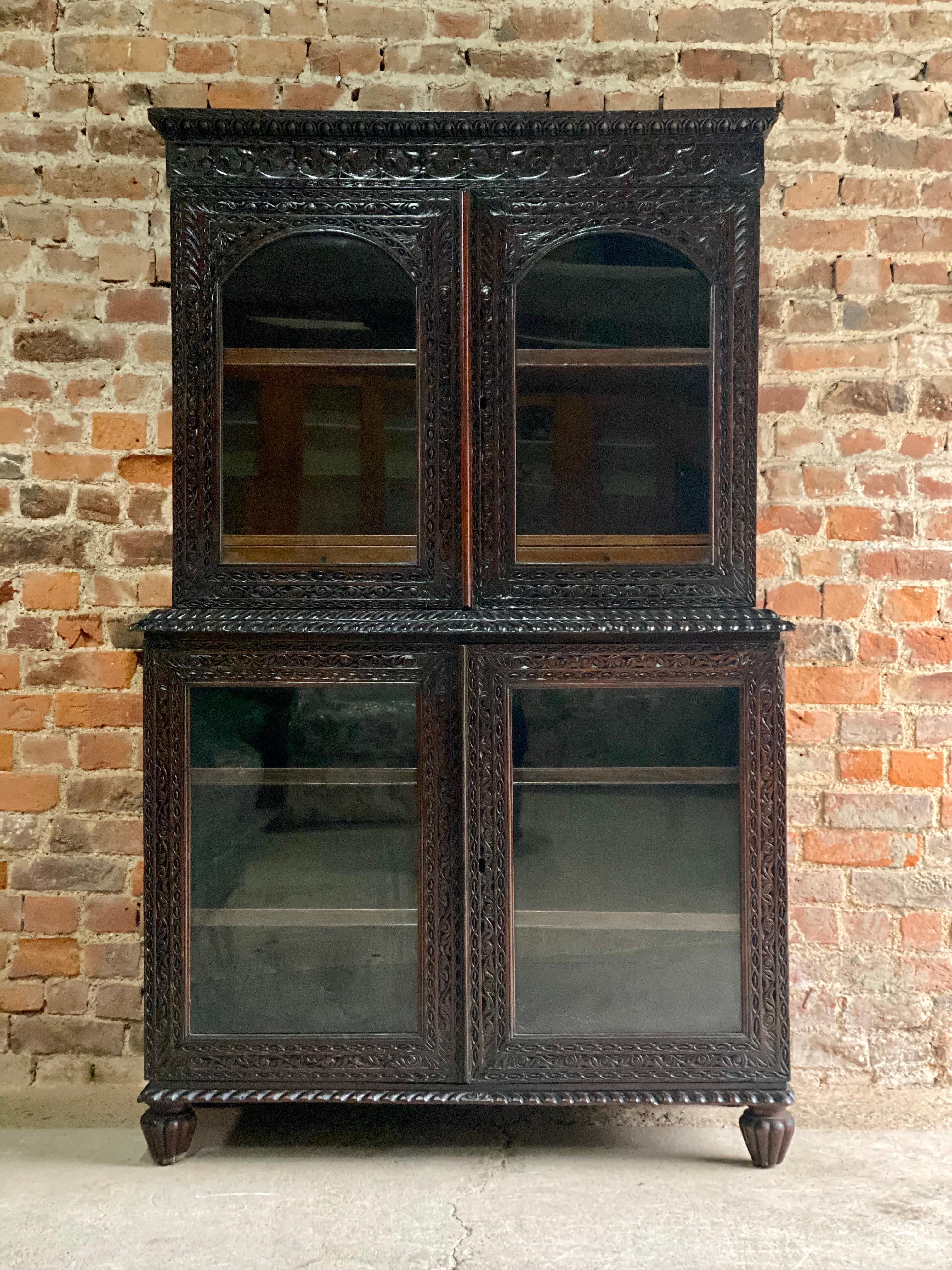 Hand-Carved 19th Century Victorian Colonial Anglo Indian Padouk Bookcase, circa 1890