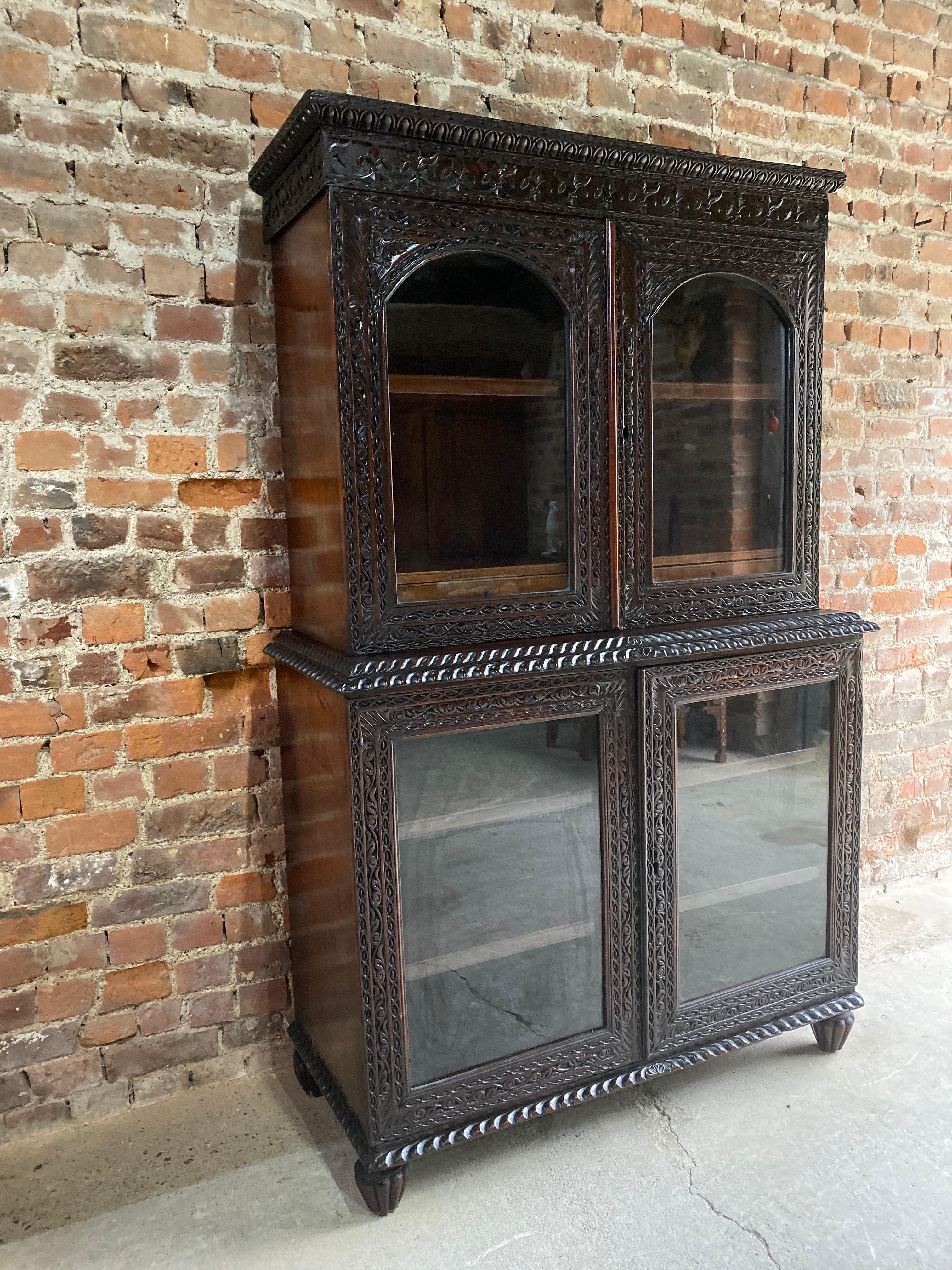 Hand-Carved 19th Century Victorian Colonial Anglo Indian Padouk Bookcase, circa 1890