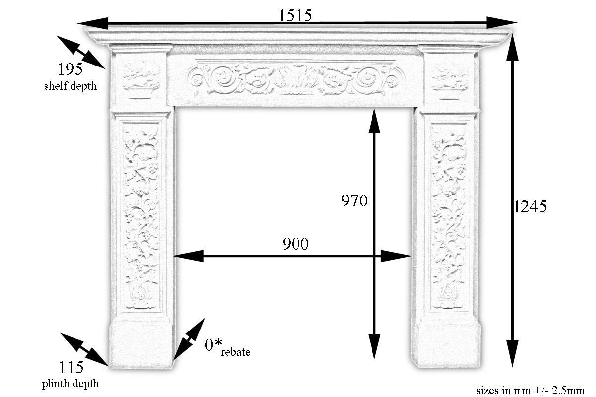 19th century antique early Victorian composition stone fireplace surround decorated with floral carvings to the legs and frieze, circa 1840.

Measures: Shelf 60