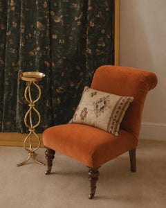 19th Century Victorian Corduroy Slipper Chair with Scrolled Back and Turned Legs